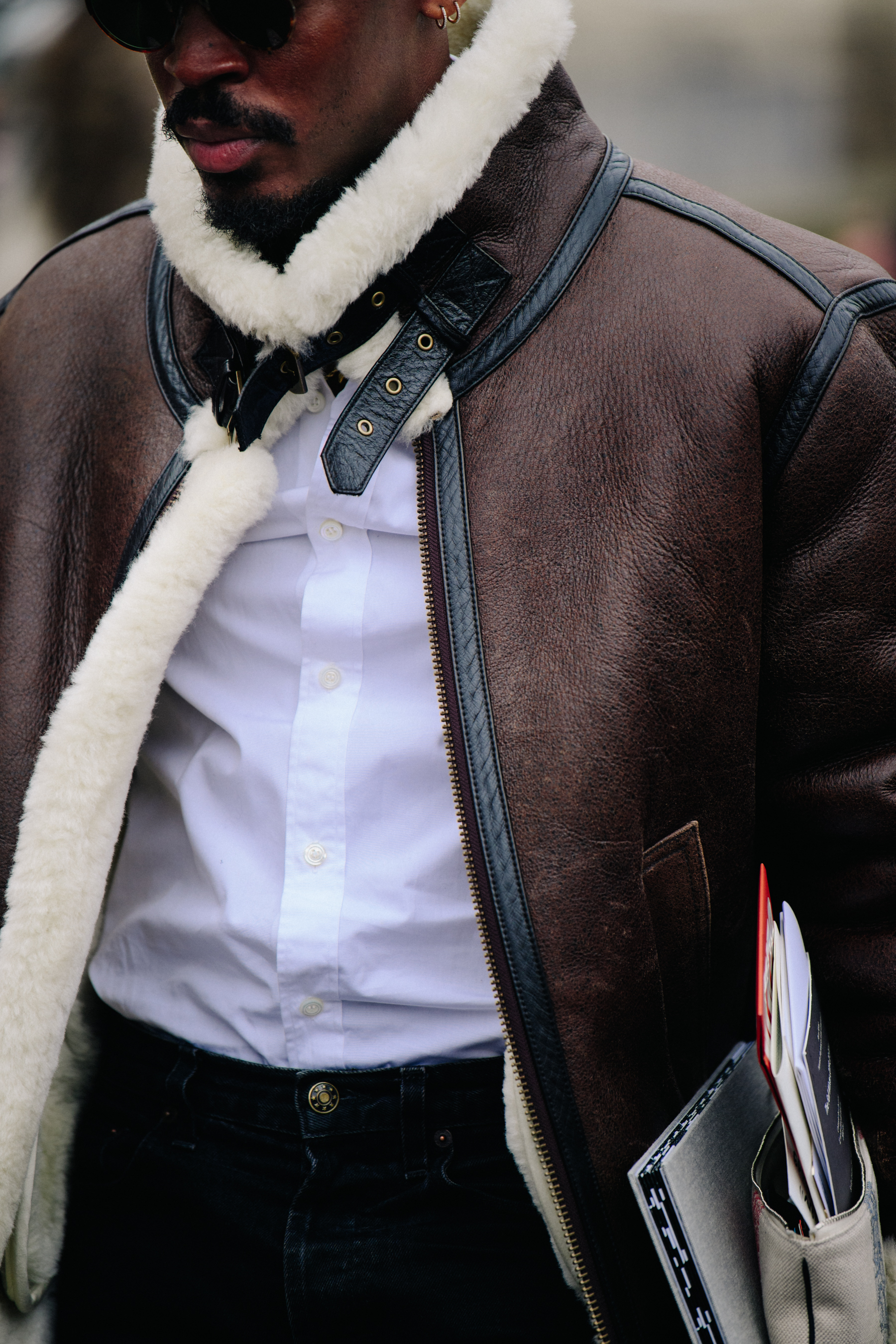 Man wearing shearling jacket