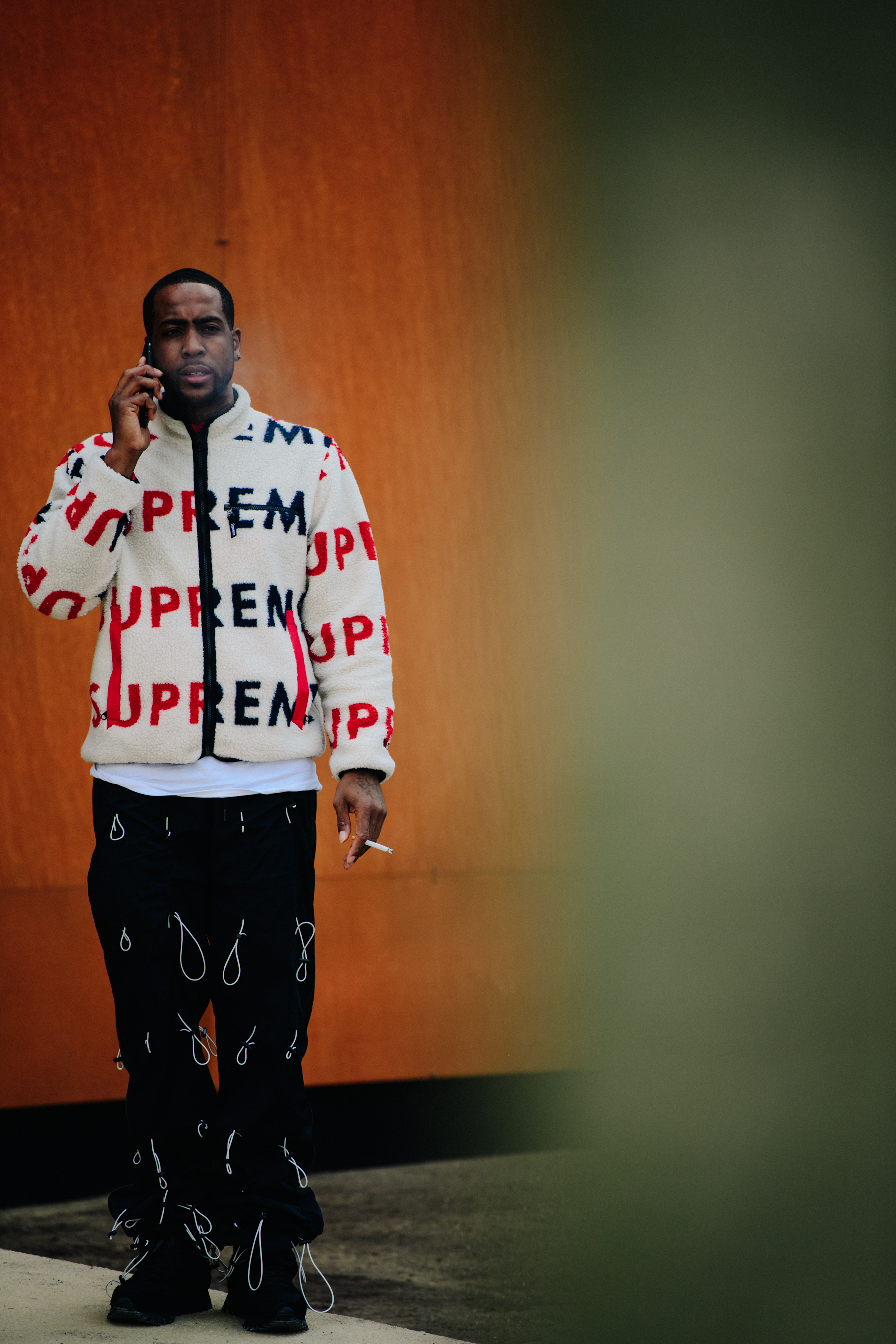 Man wearing Supreme fleece