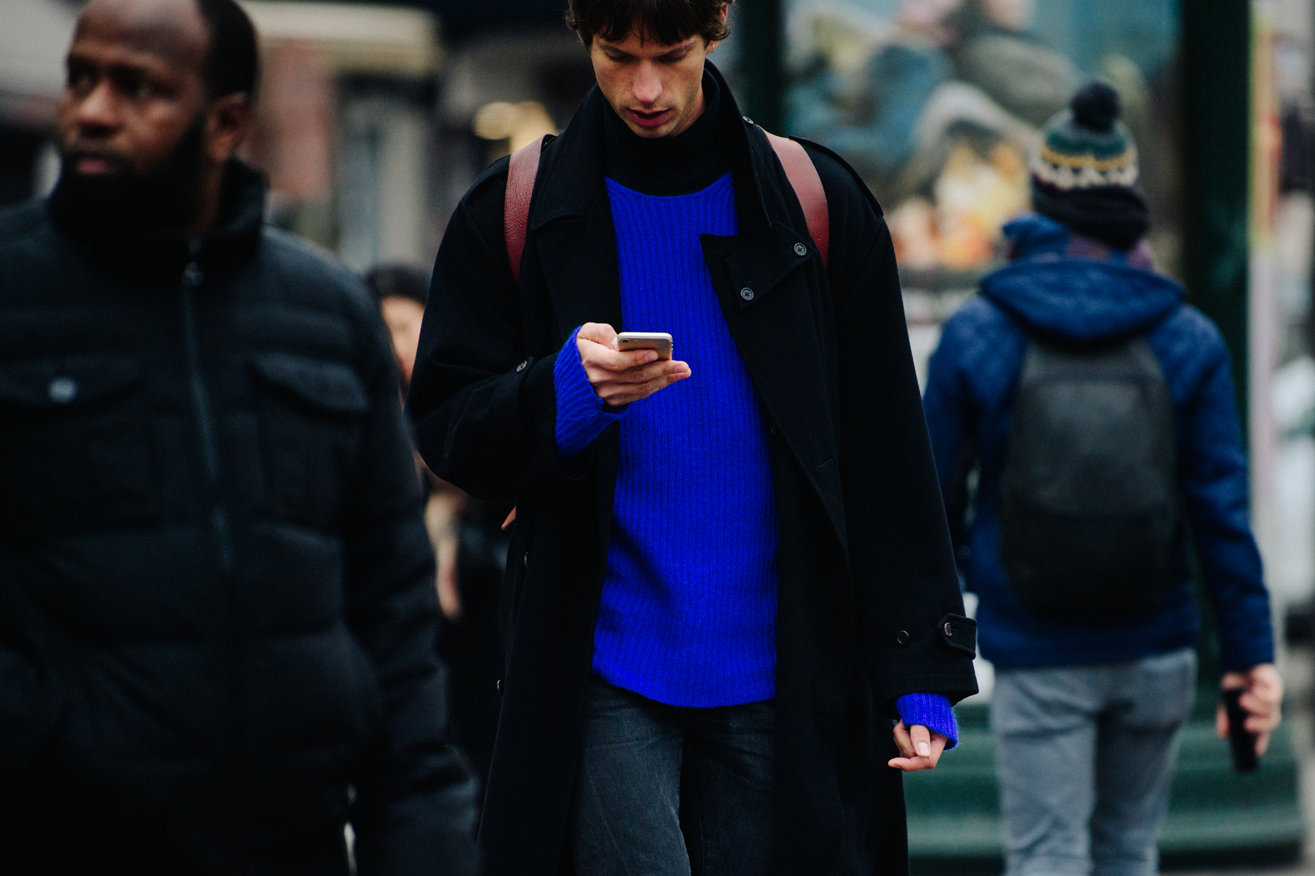 Man wearing blue wool jumper