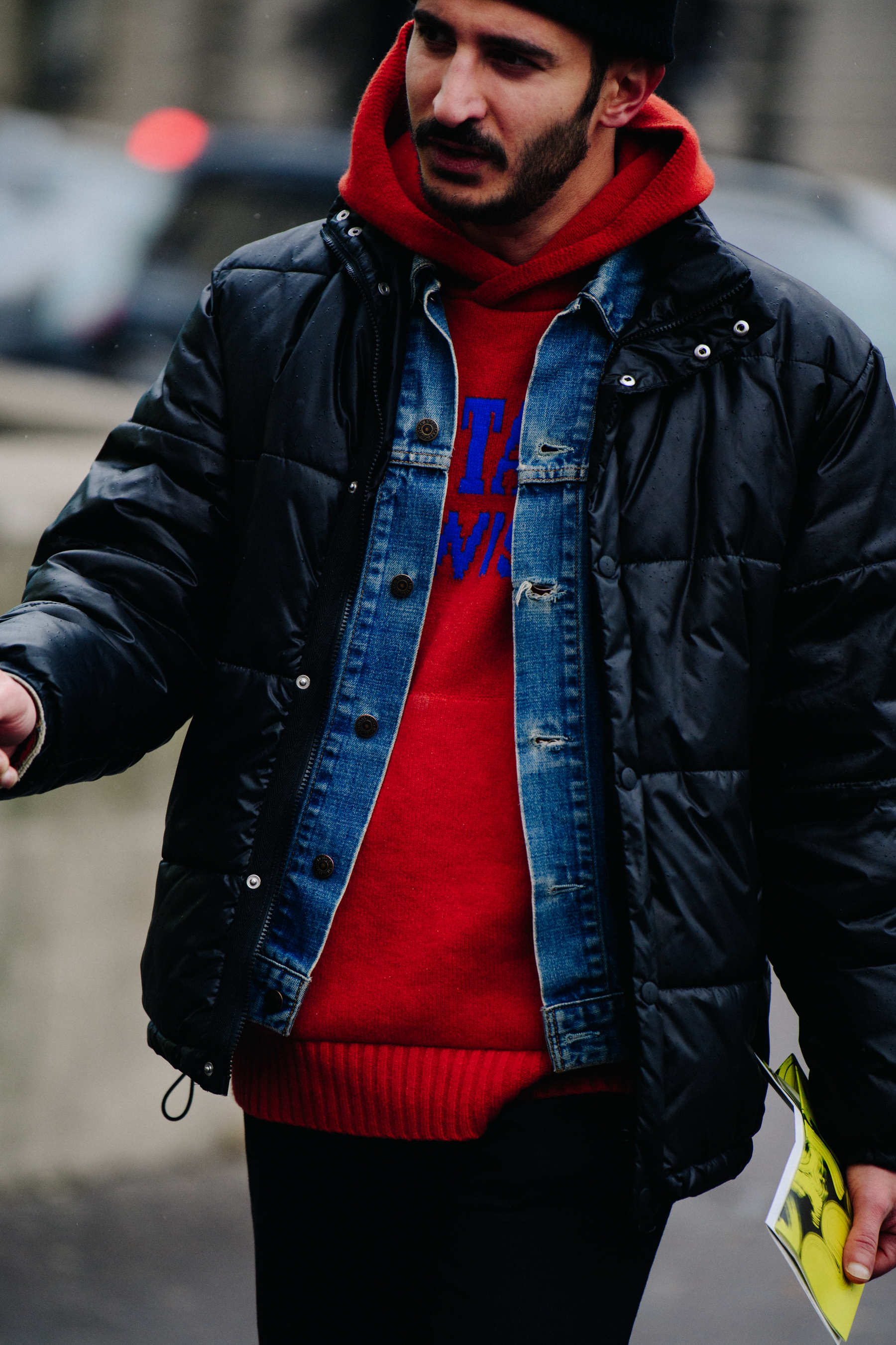 Man wearing red wool hoody