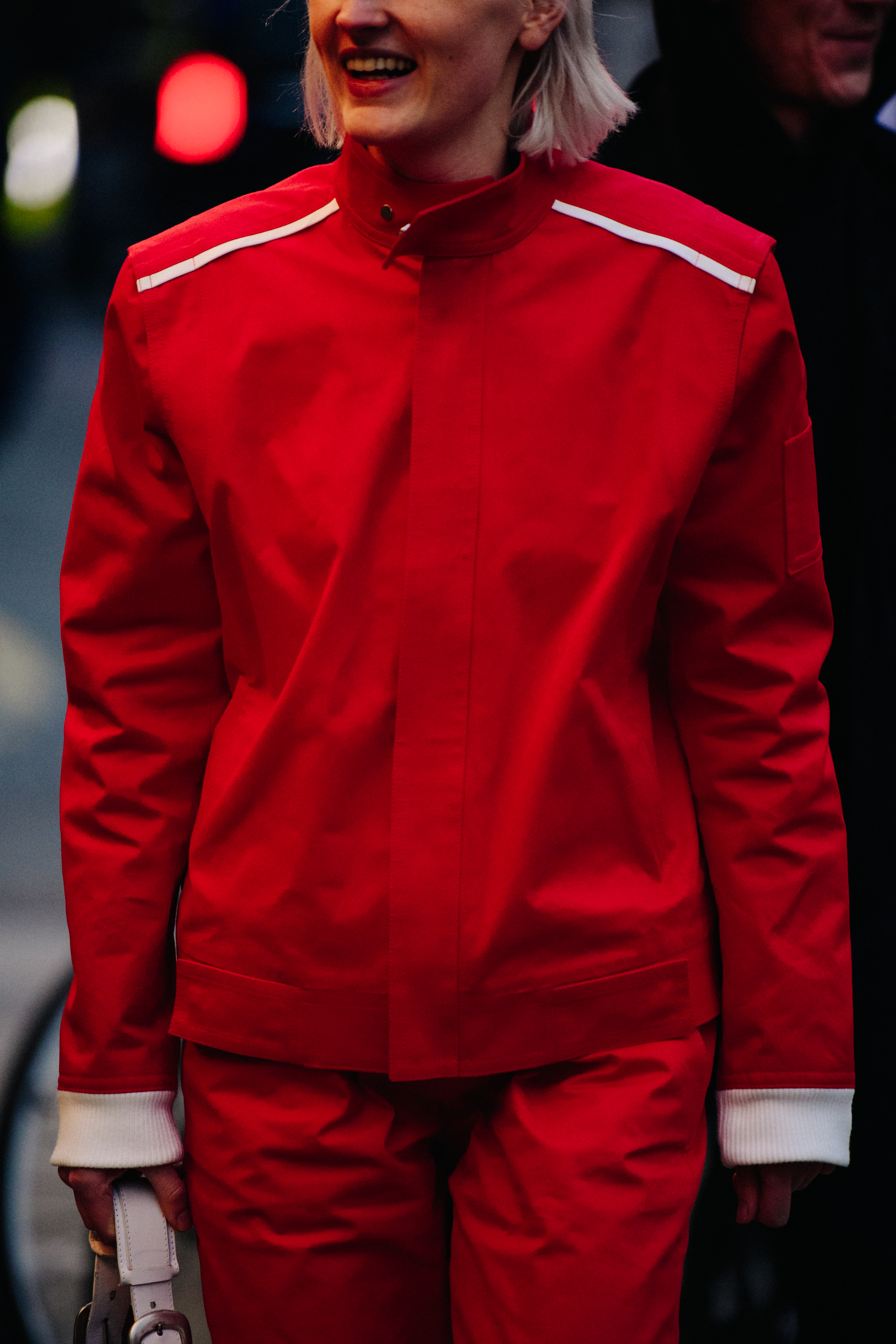 Woman wearing red jacket