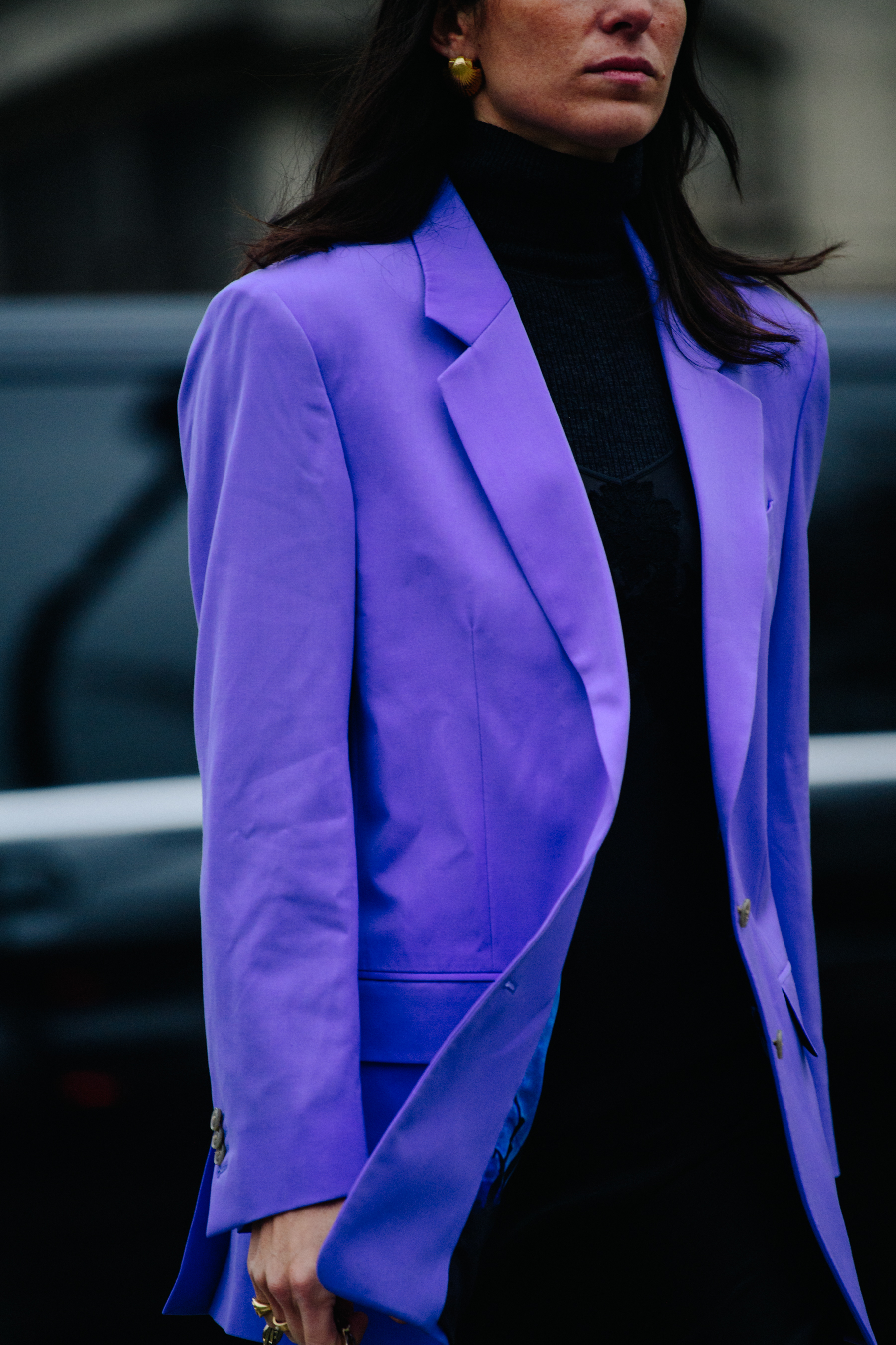Woman wearing purple blazer