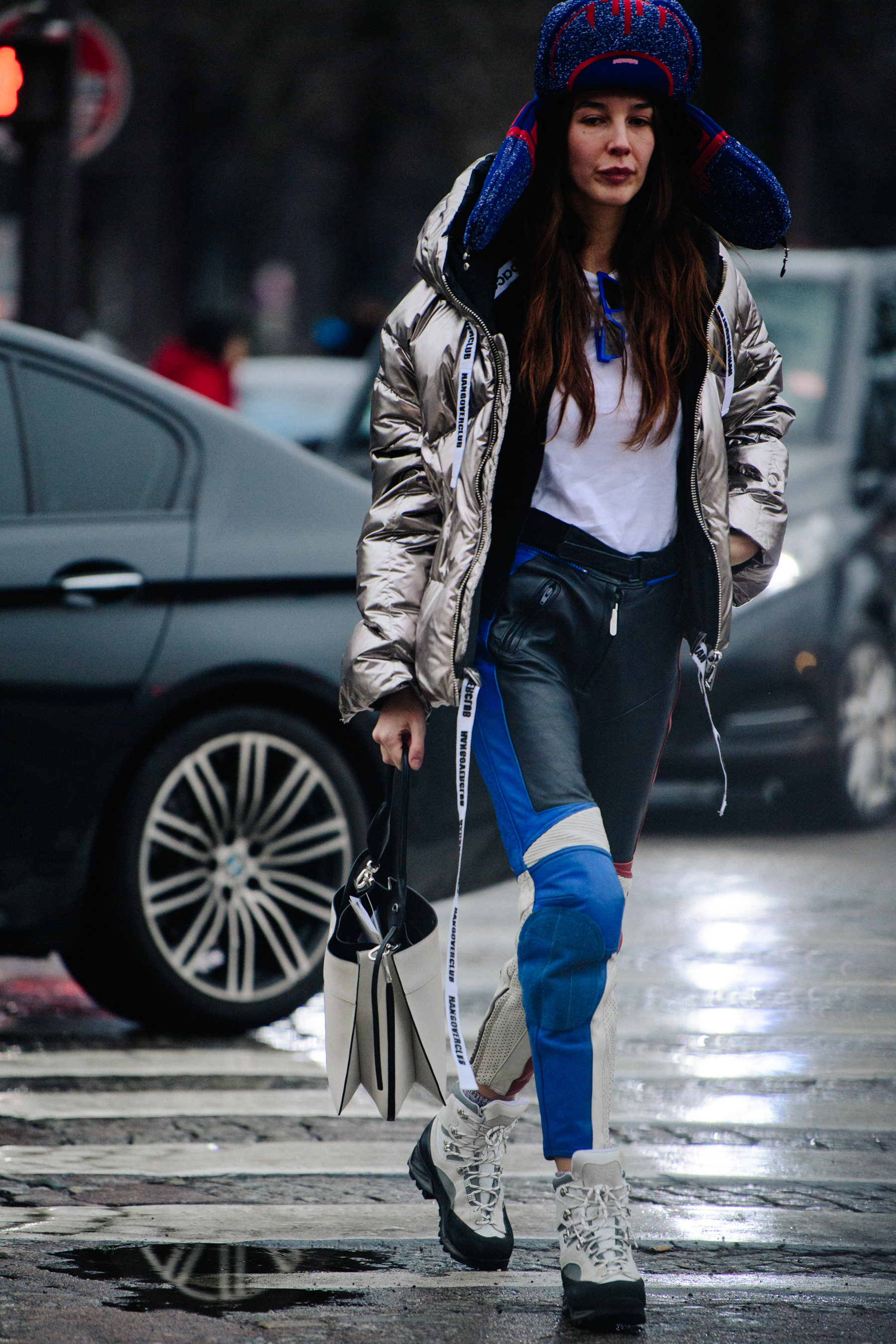 Woman wearing blue and red outfit
