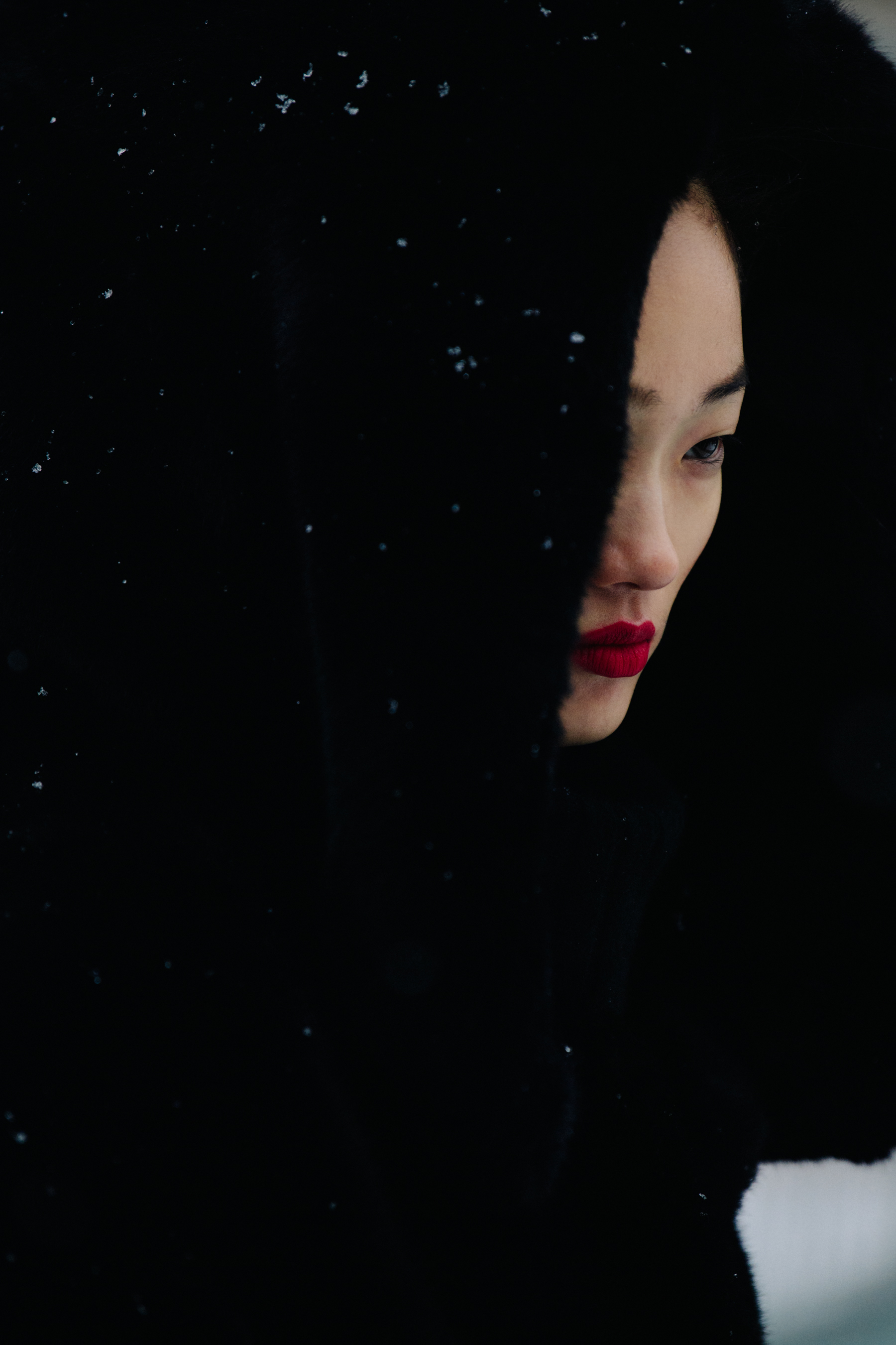 Chinese model wearing black fur coat