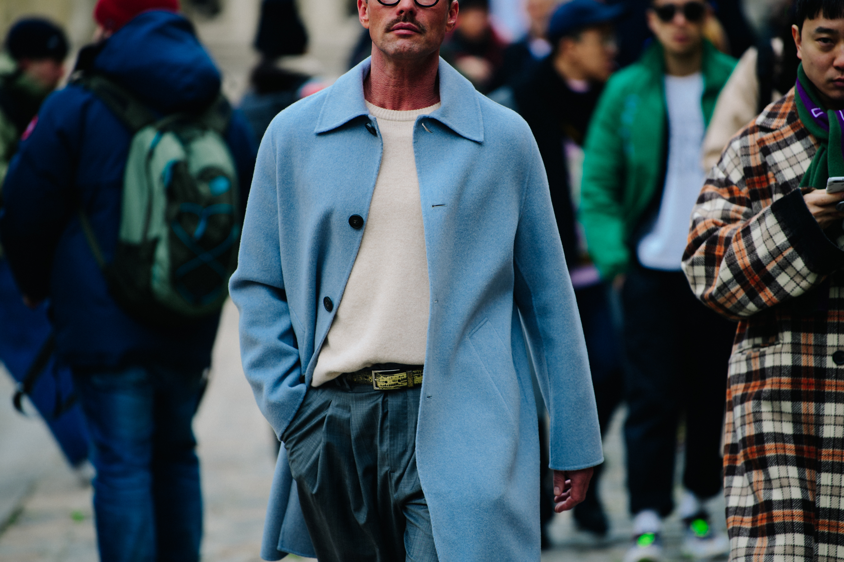 Man wearing baby blue coat