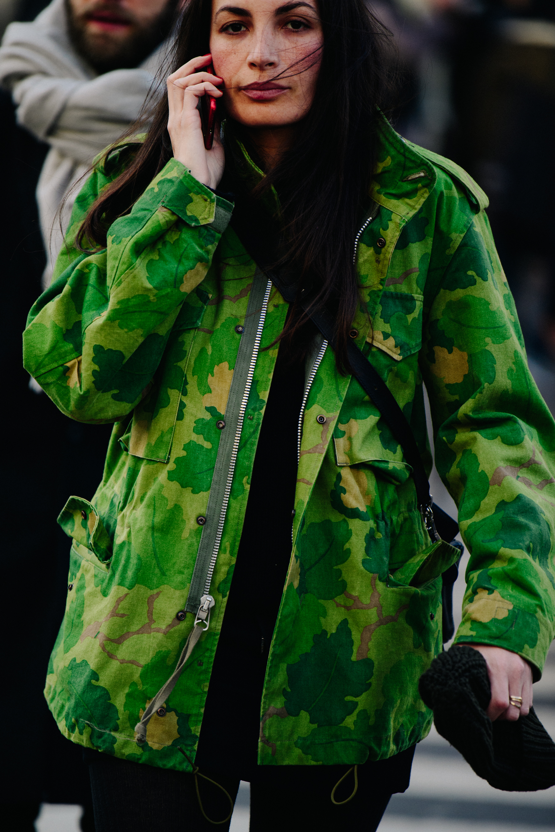Woman wearing camo jacket