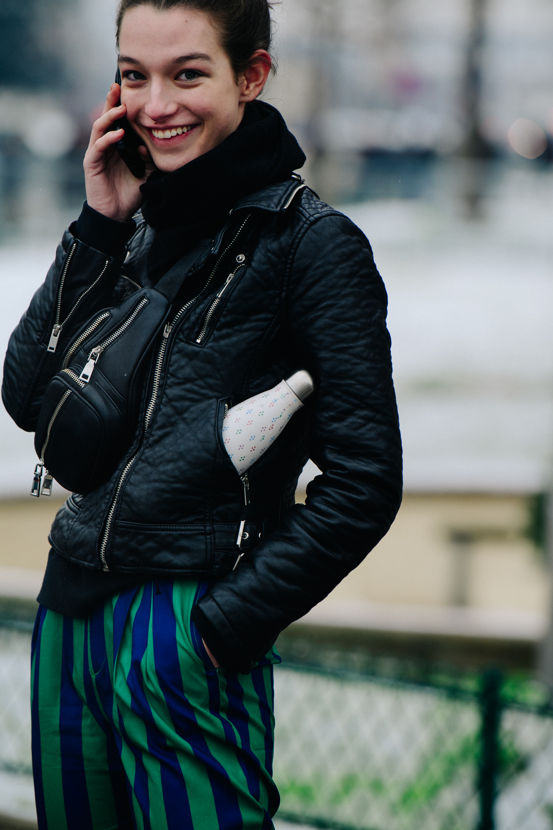 American model wearing leather jacket
