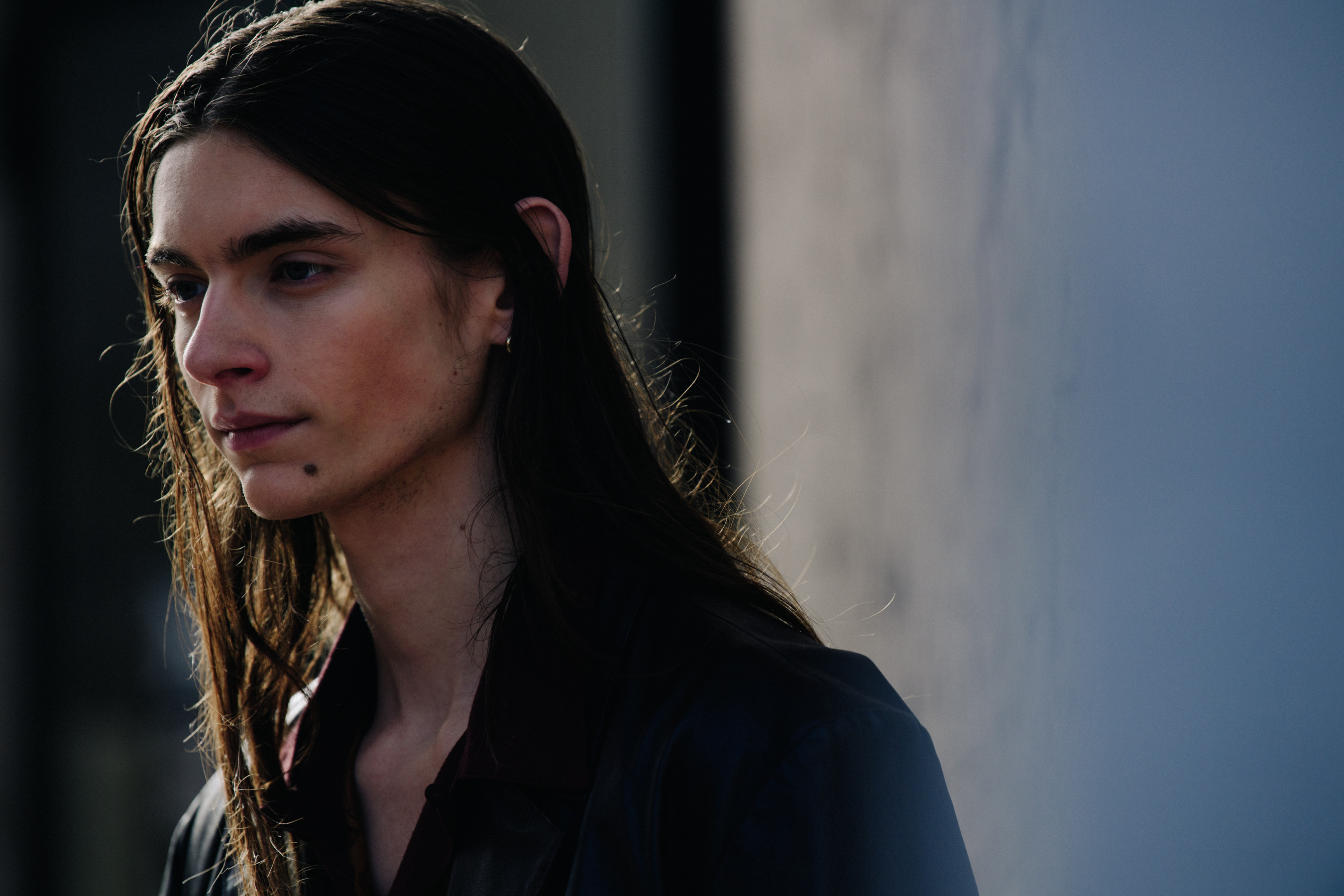Danish model wearing leather shirt
