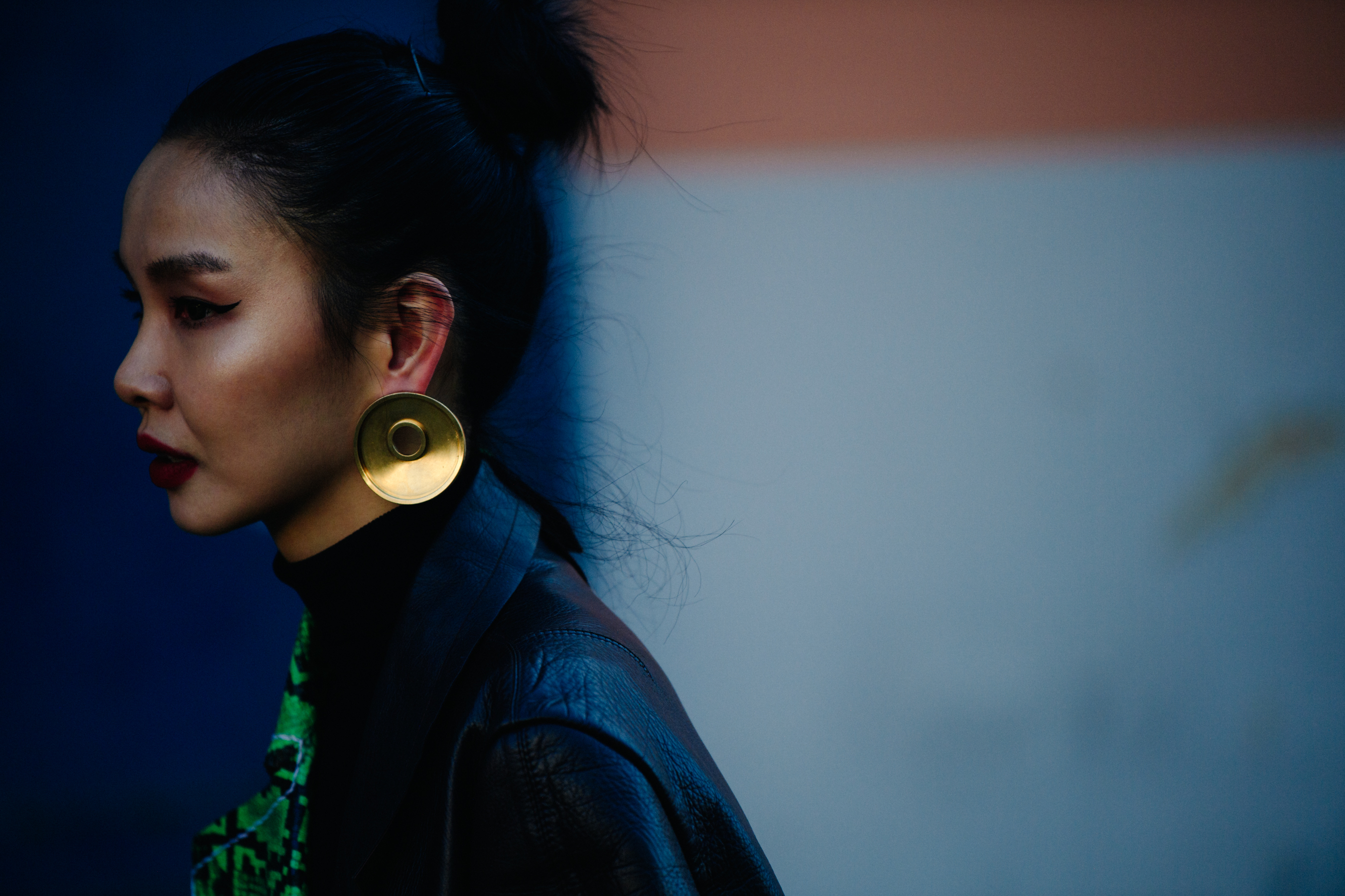 Woman wearing leather jacket