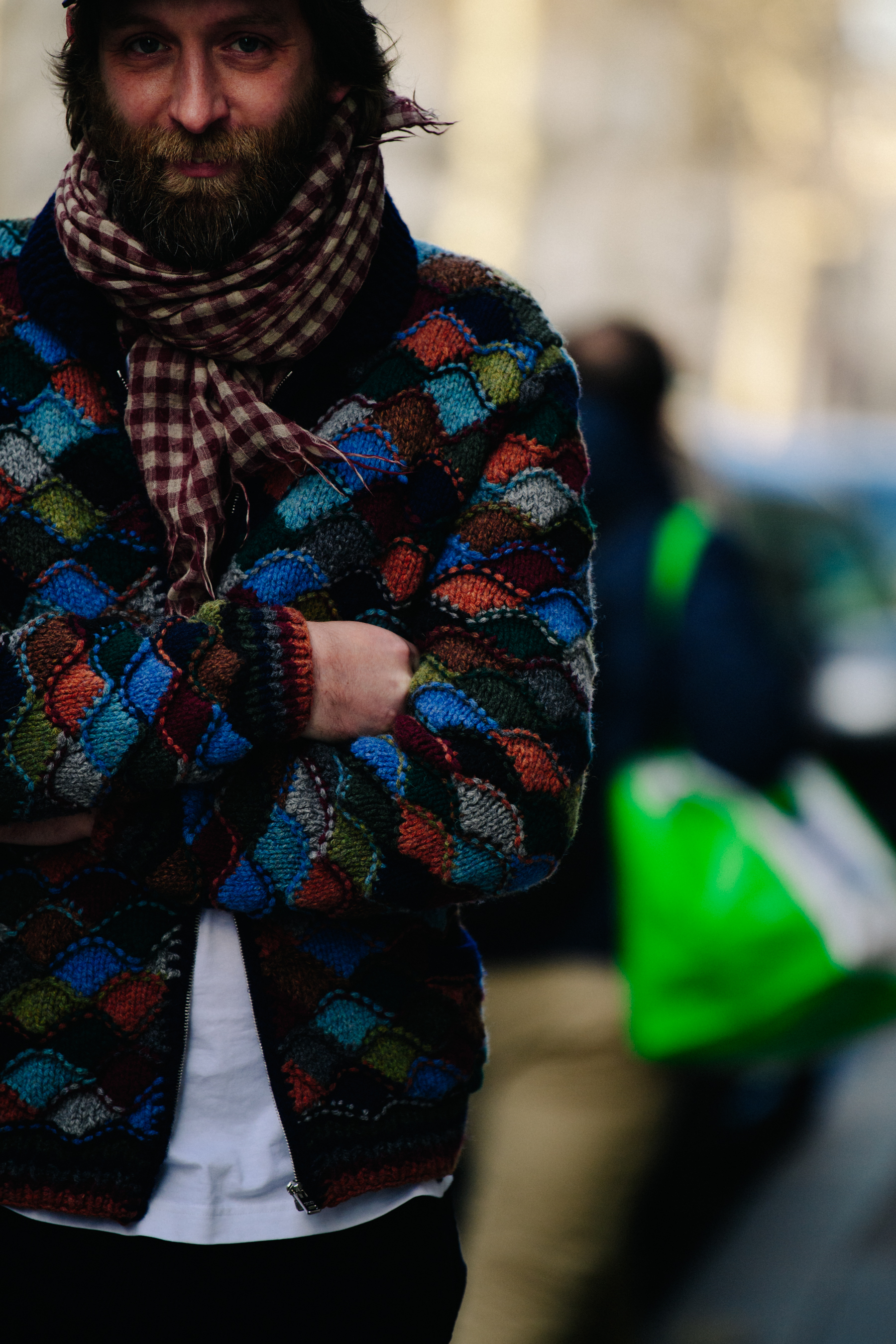 Man wearing colourful jacket