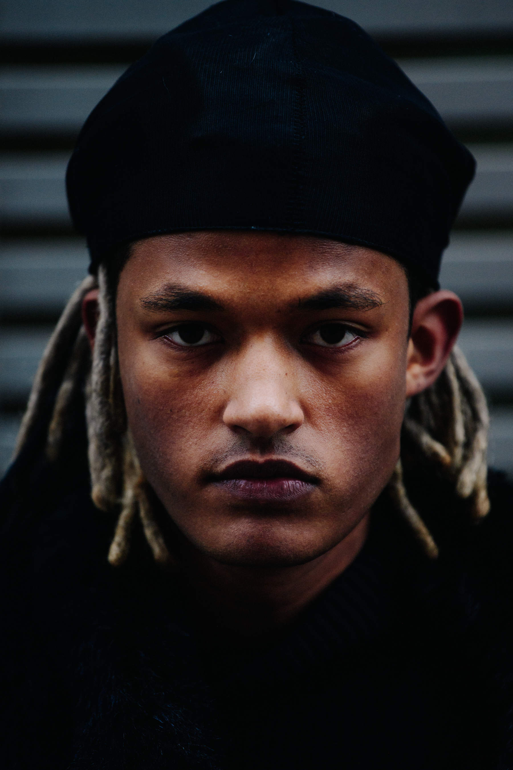 Portrait of model wearing beret
