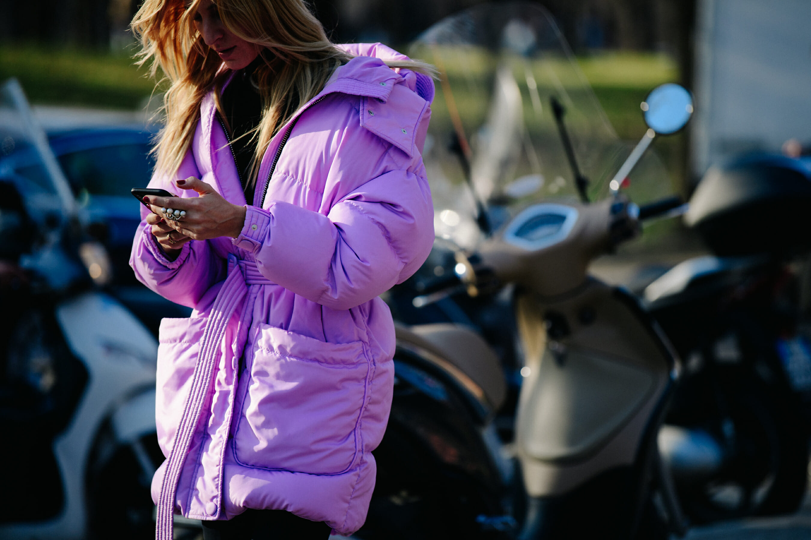 Woman wearing purple coat