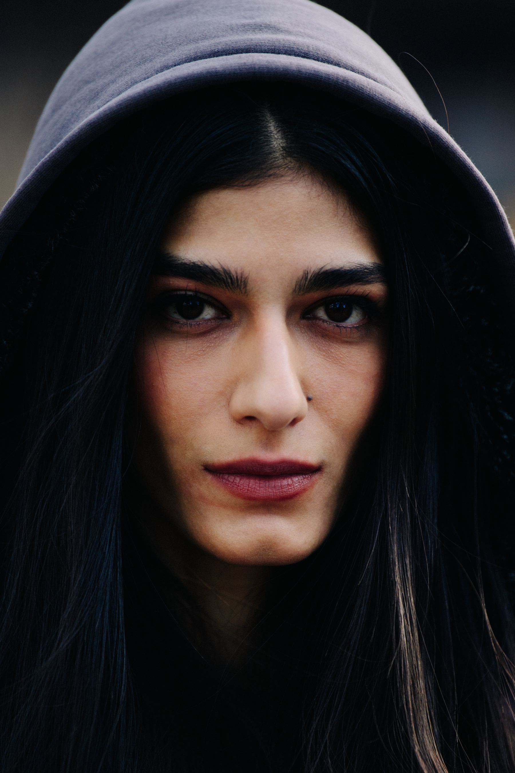 Portrait of model wearing hoodie