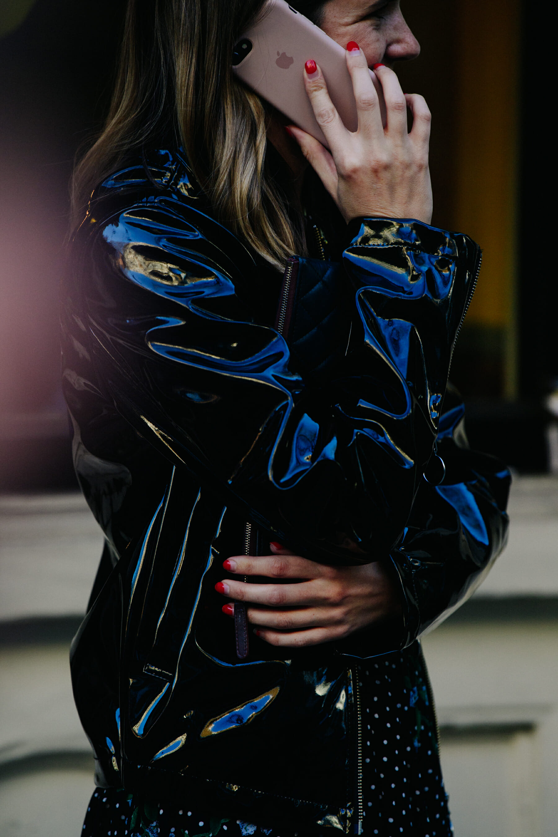 Woman wearing black leather jacket