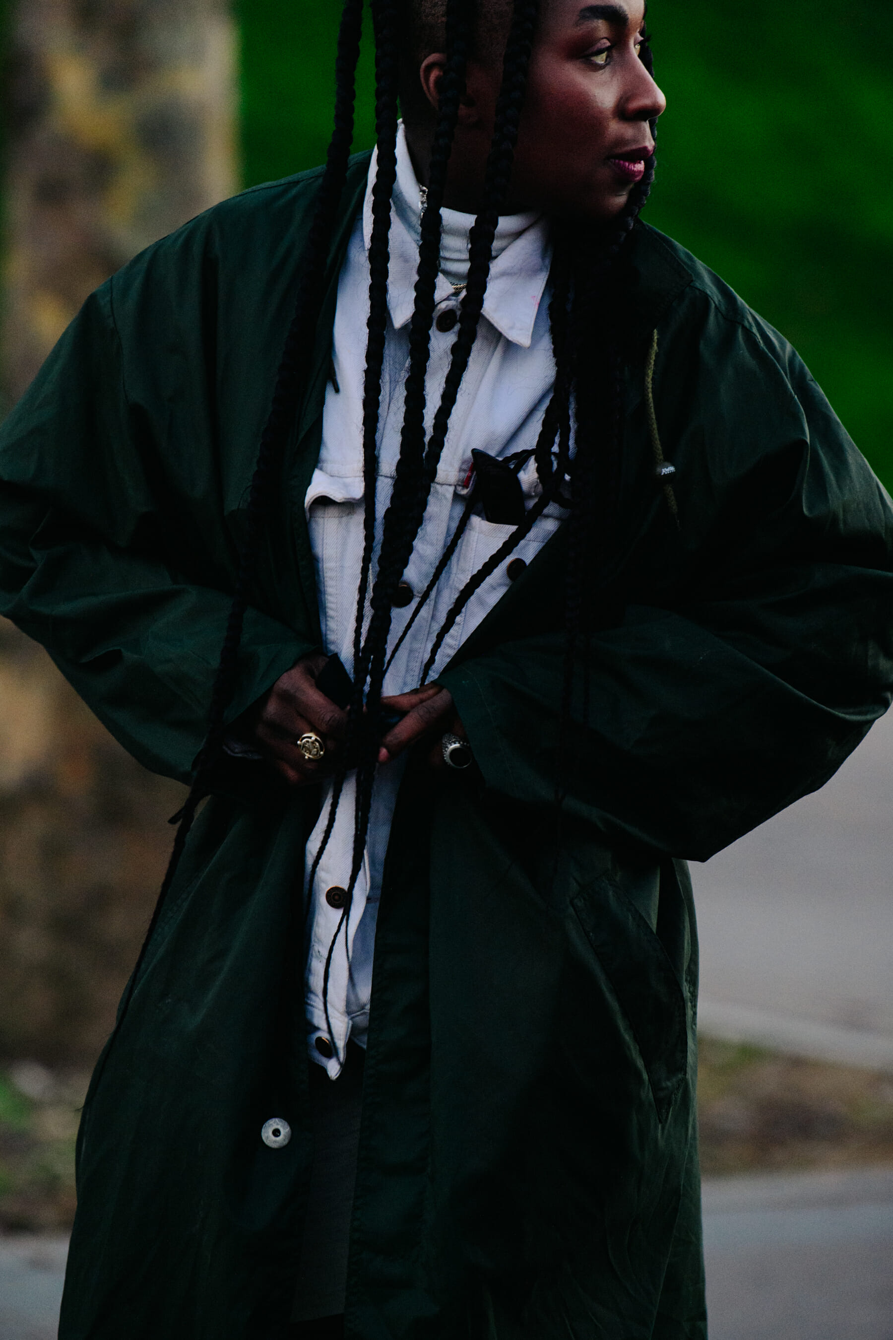Woman wearing green coat
