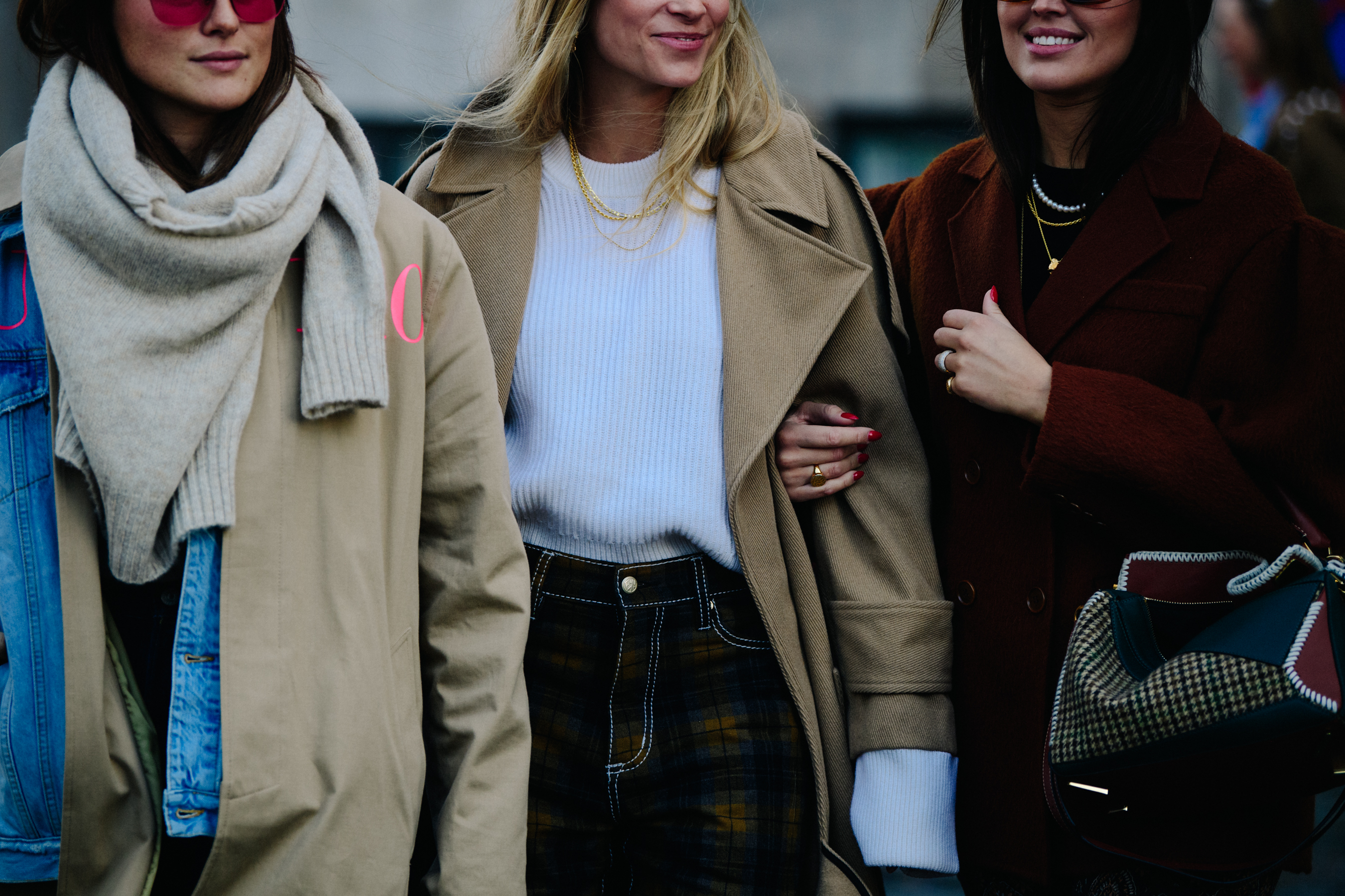 Women wearing beige coats