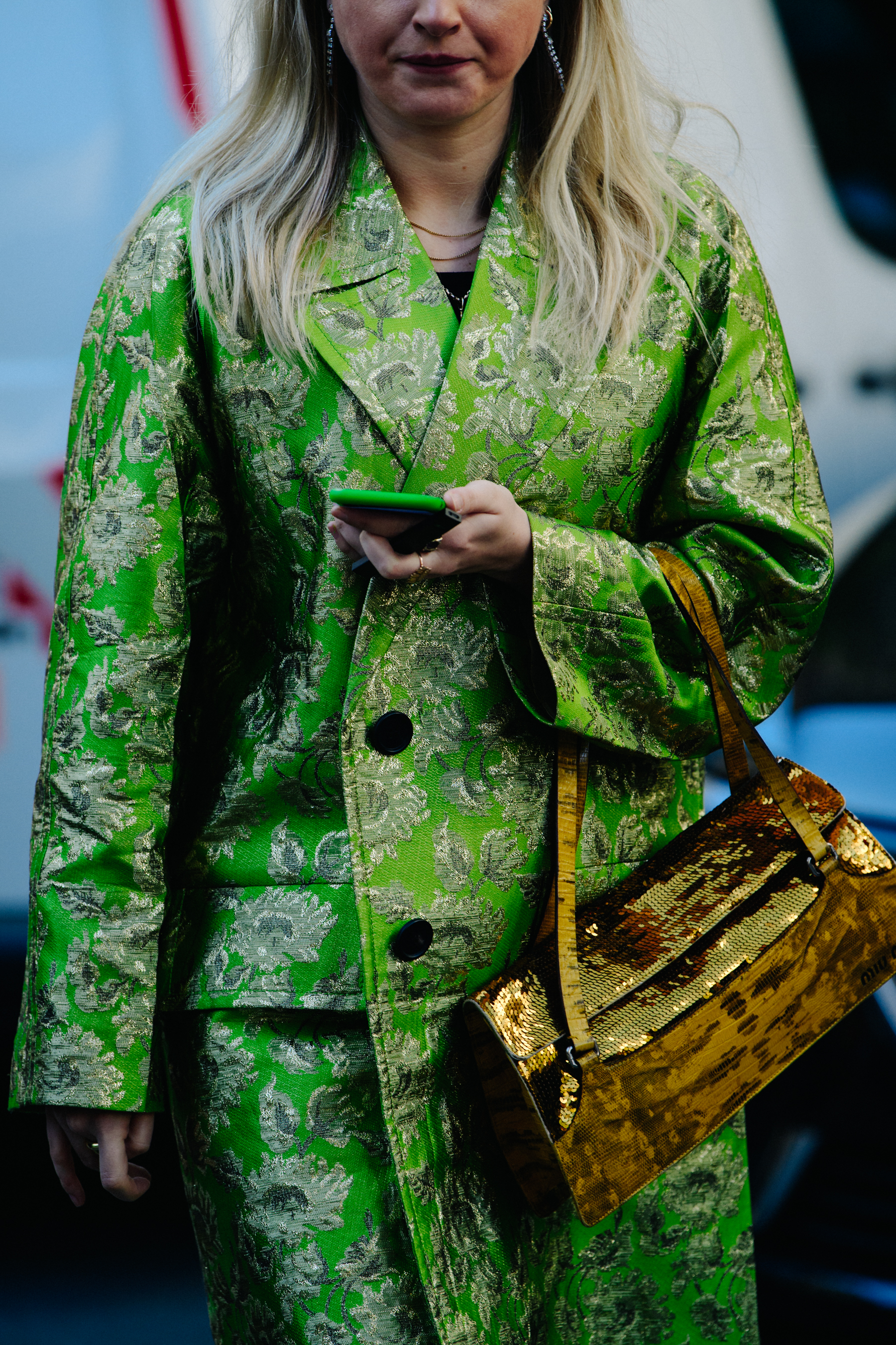 Woman wearing green pattern outfit