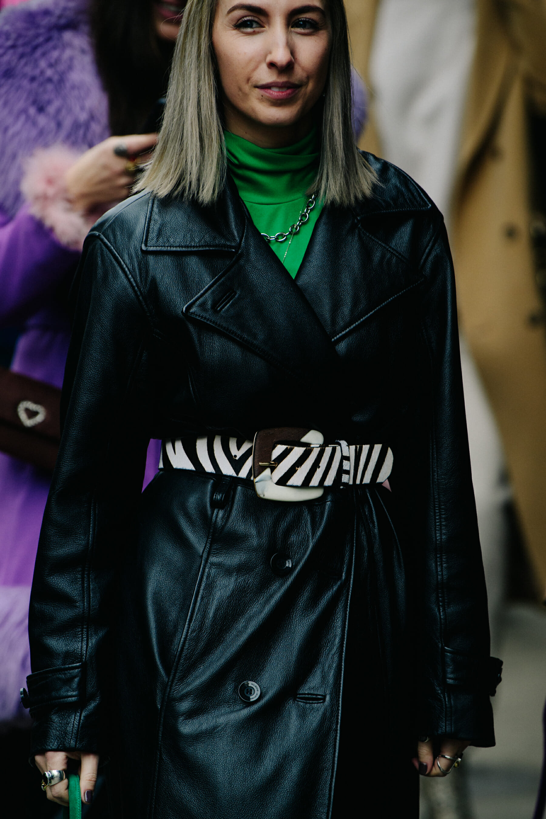 Woman wearing leather coat