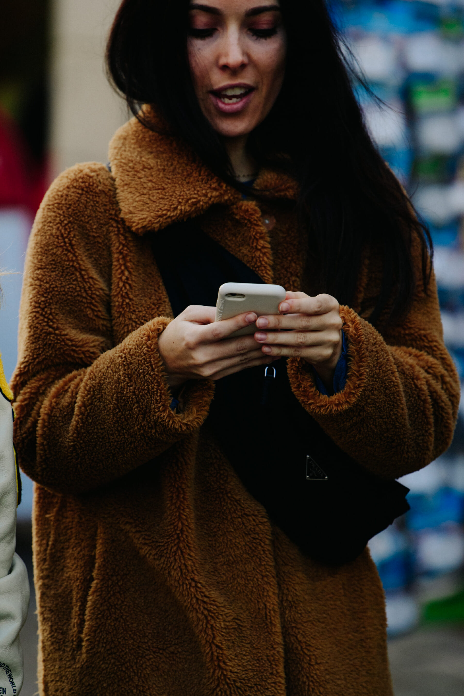 Woman wearing brown fur coat