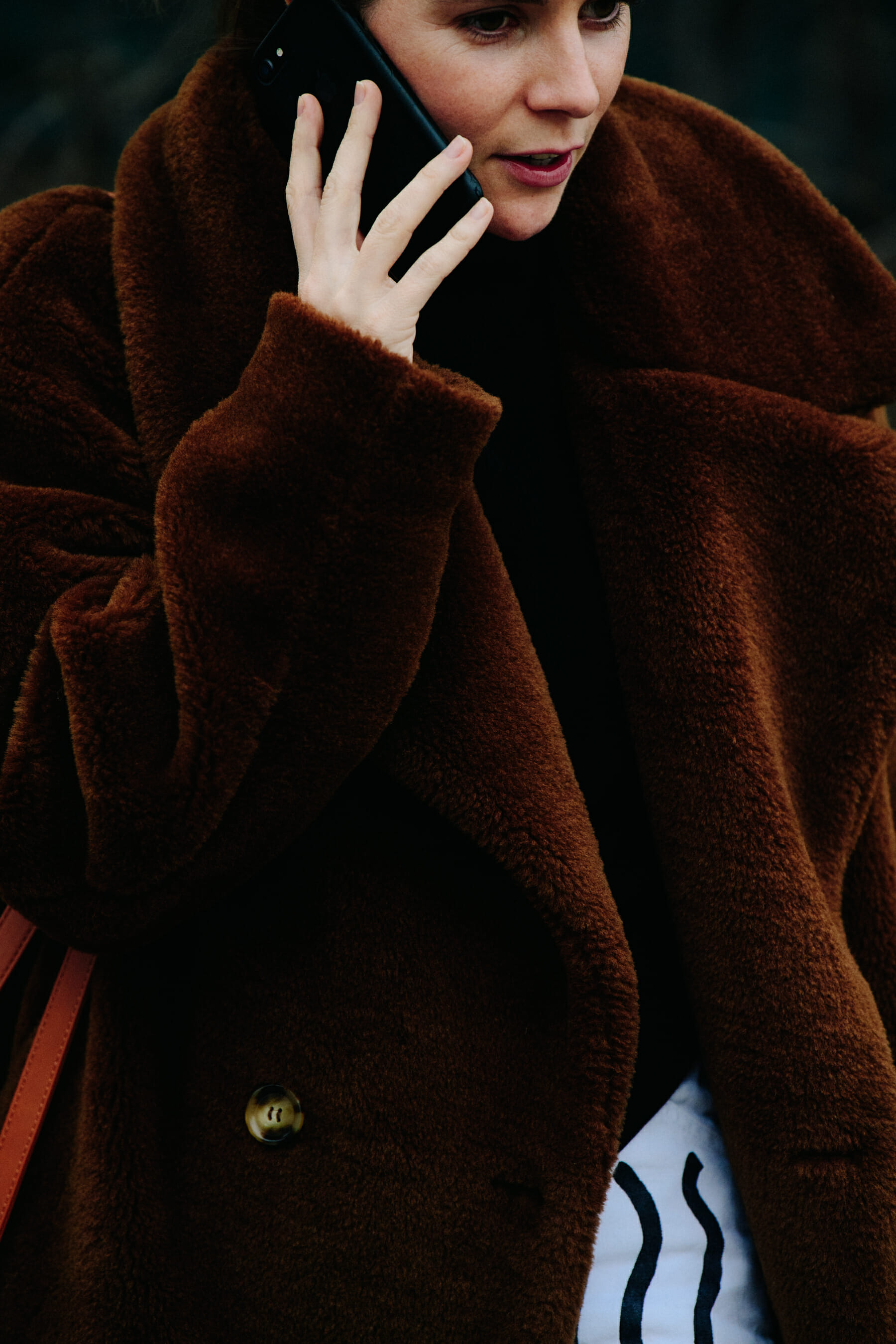 Woman wearing brown fur jacket