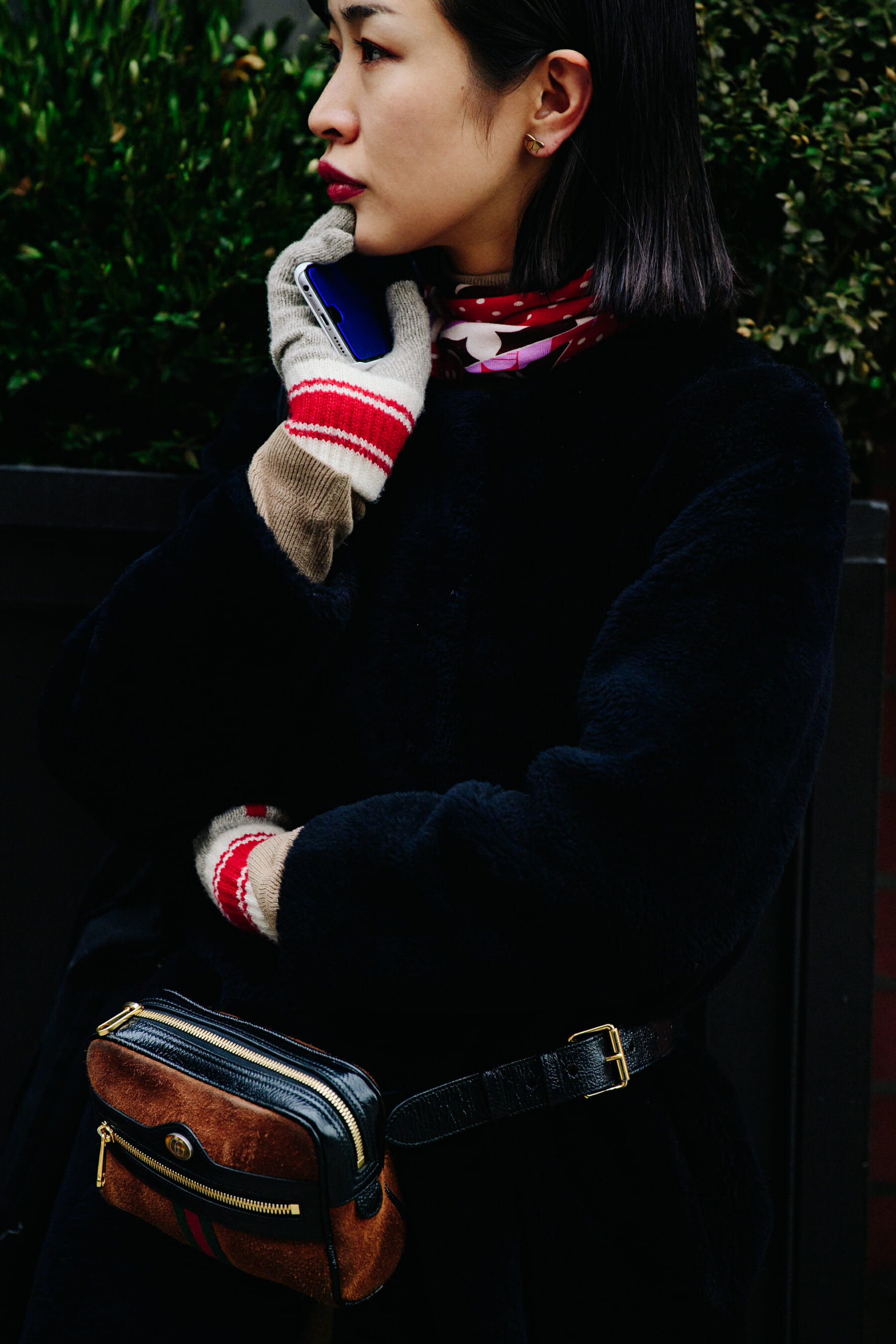 Woman wearing suede hip pack