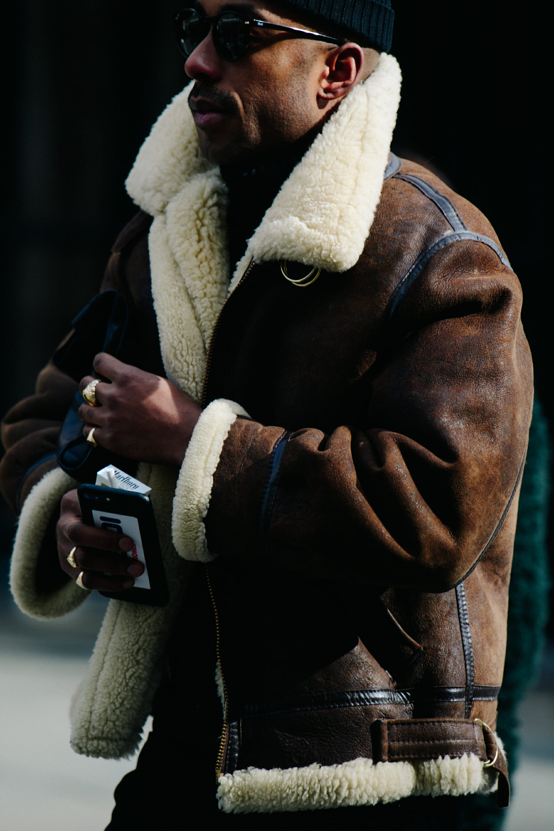 Man wearing shearling coat