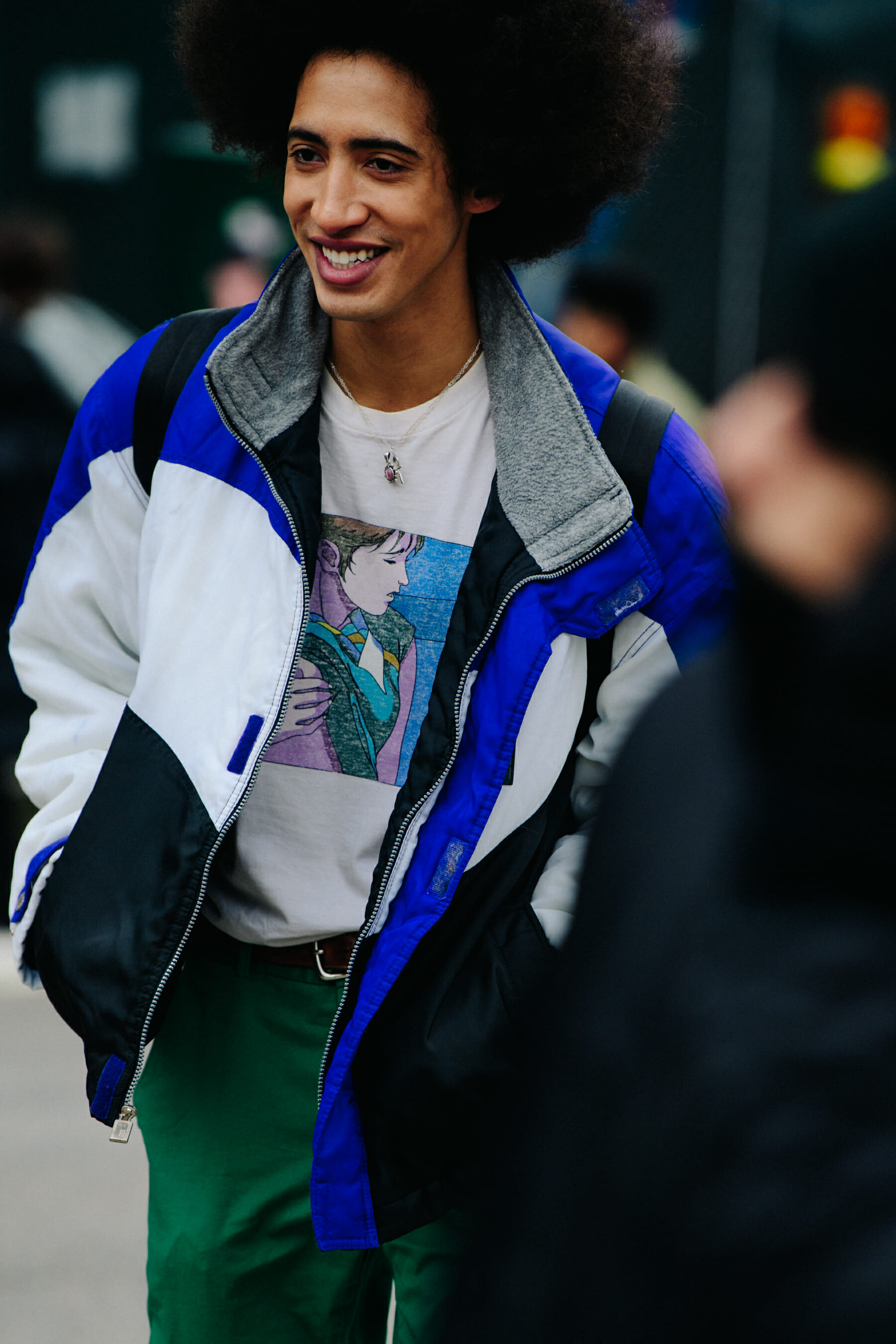Model wearing green pants