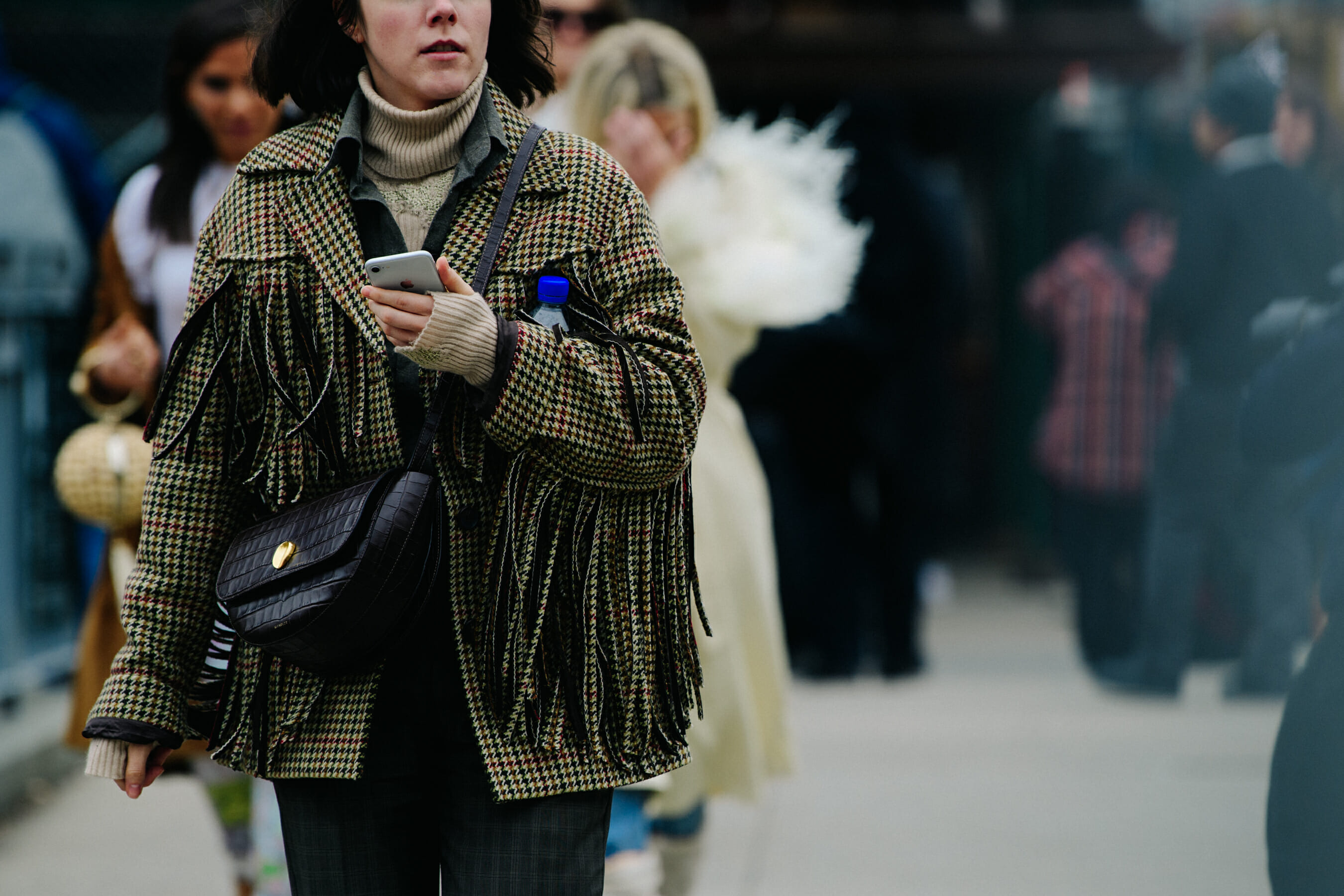 Woman wearing pattern wool jacket