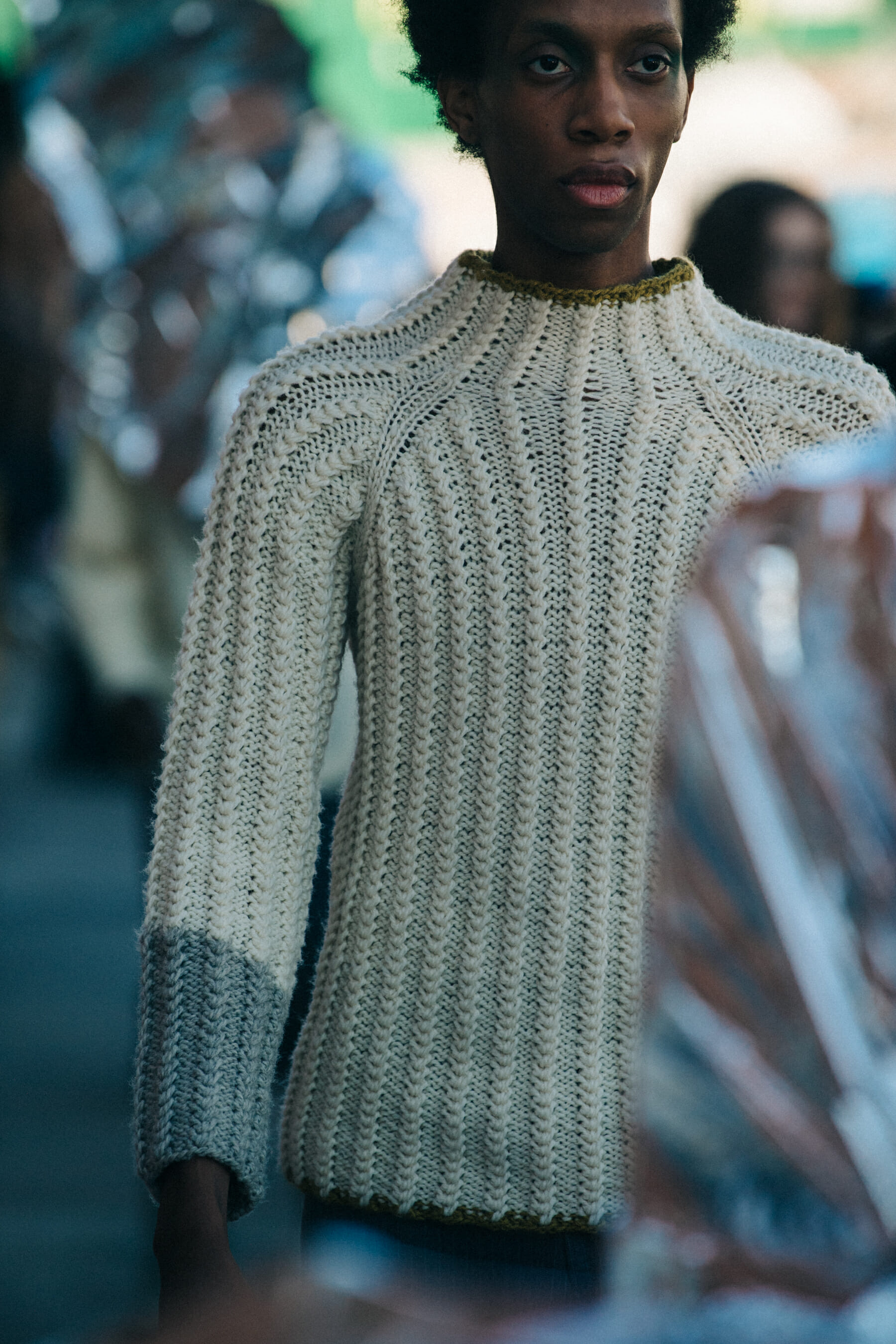 Model wearing wool at Eckhaus Latta