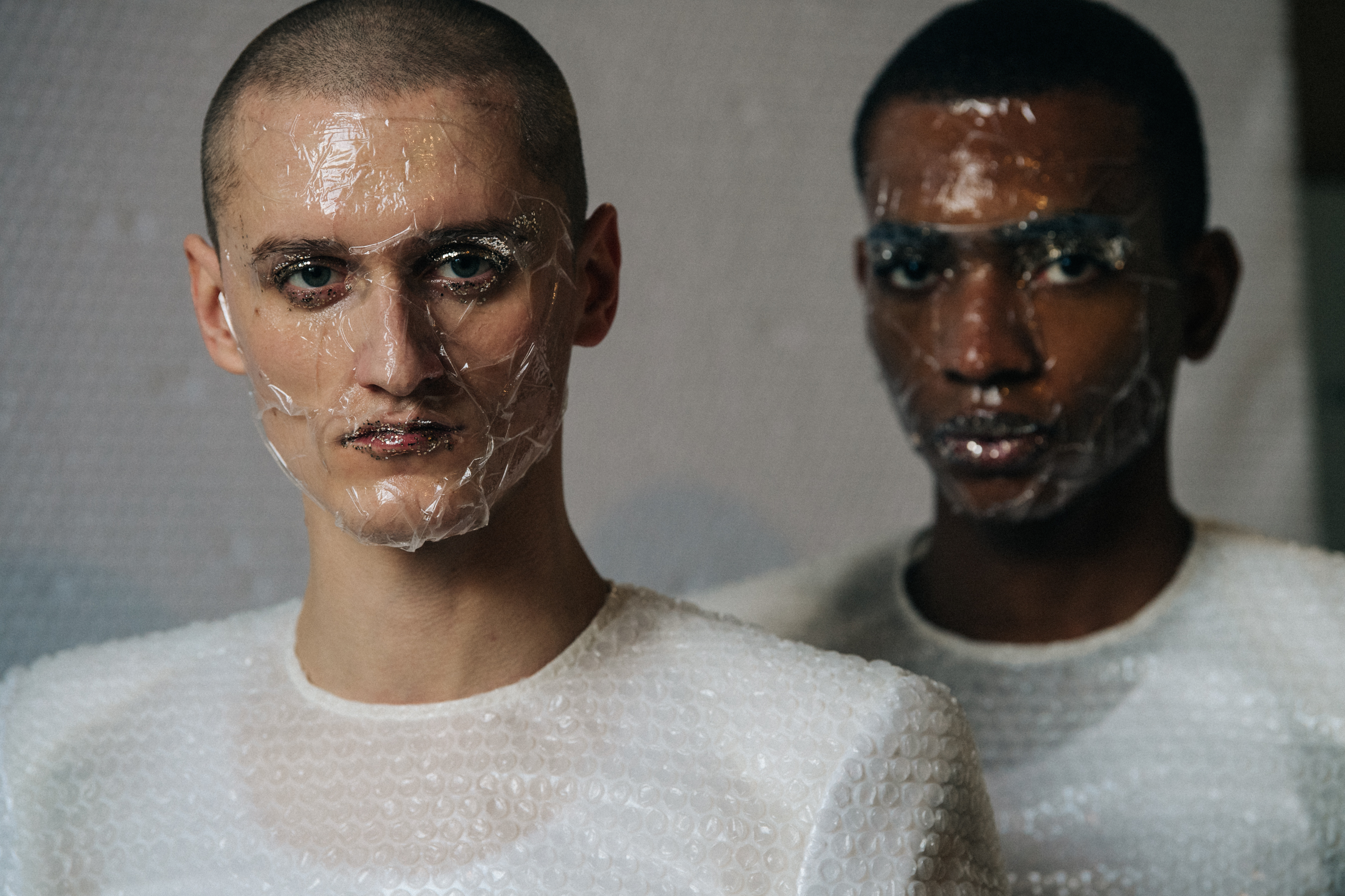 Model wearing bubble wrap outfit