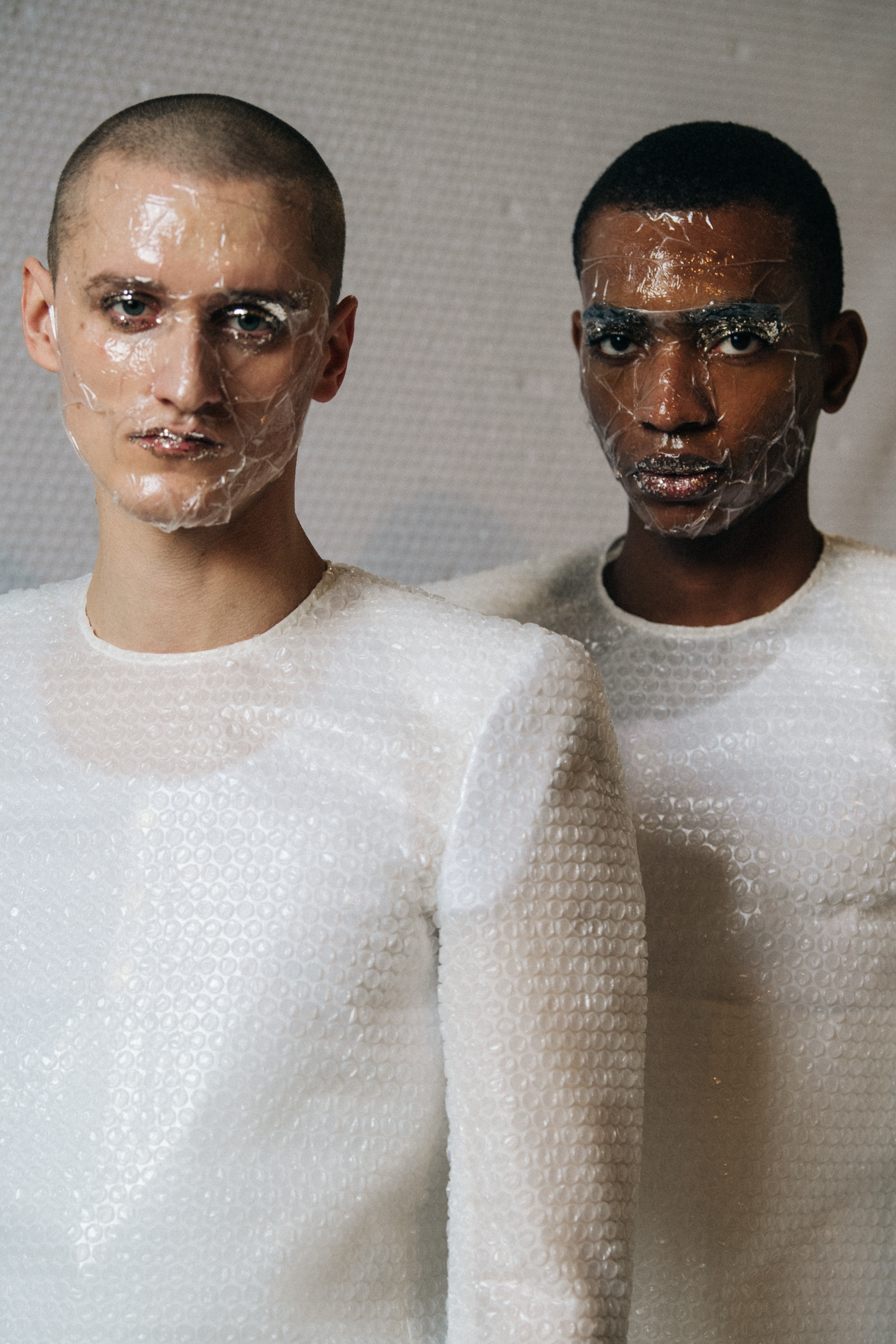 Model wearing bubble wrap outfit