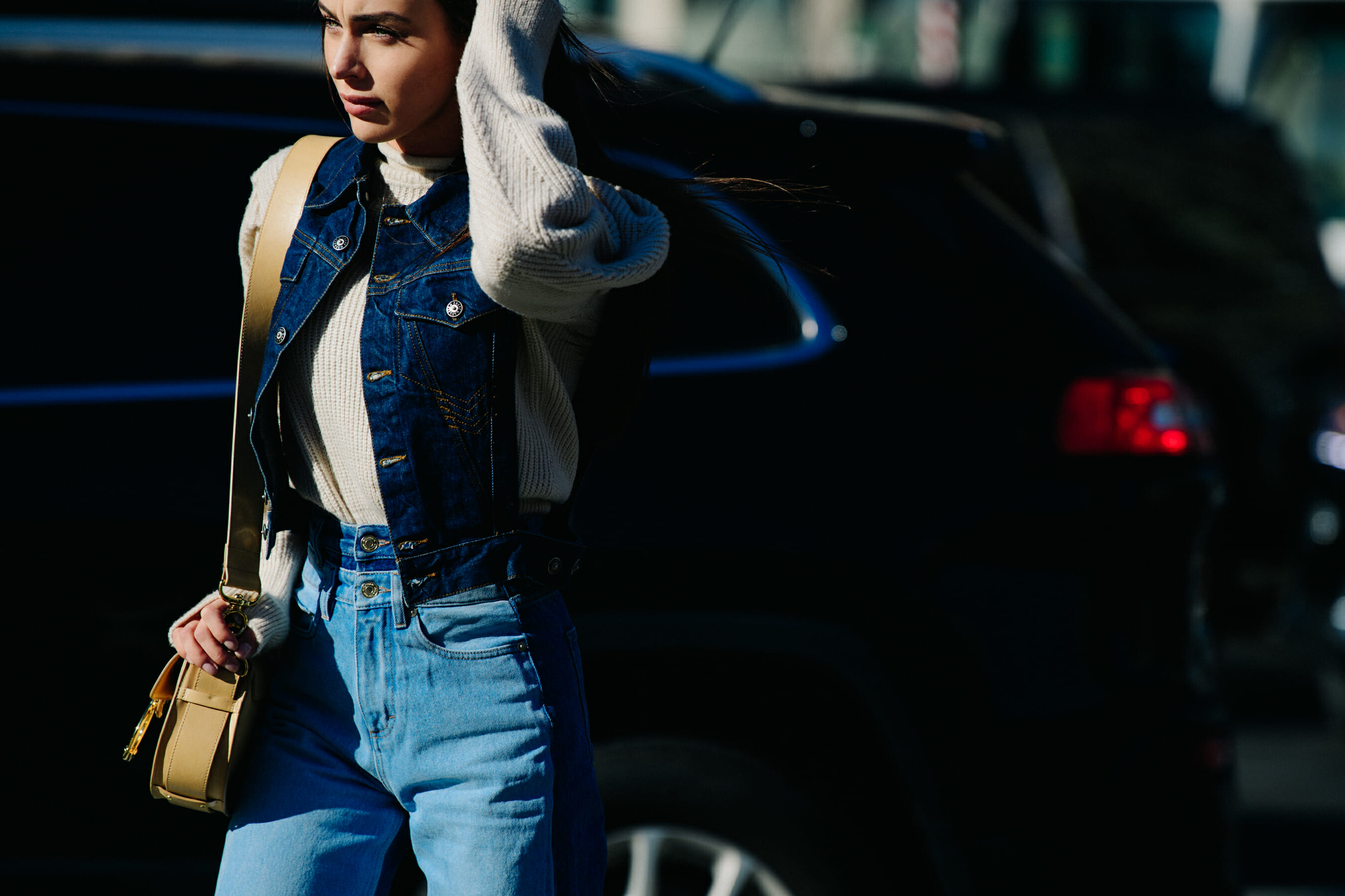 Woman wearing denim outfit