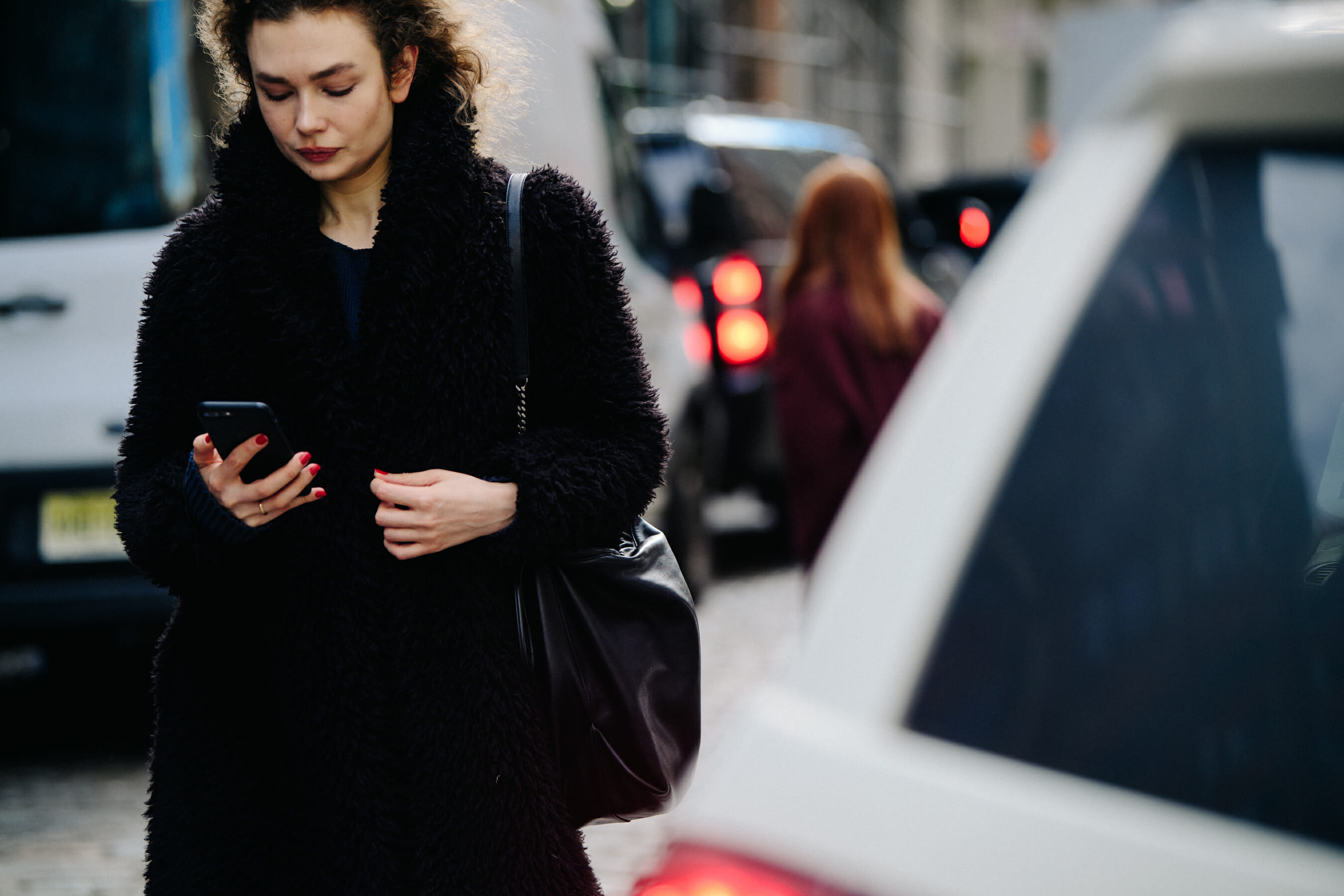 Woman wearing dark fleece coat
