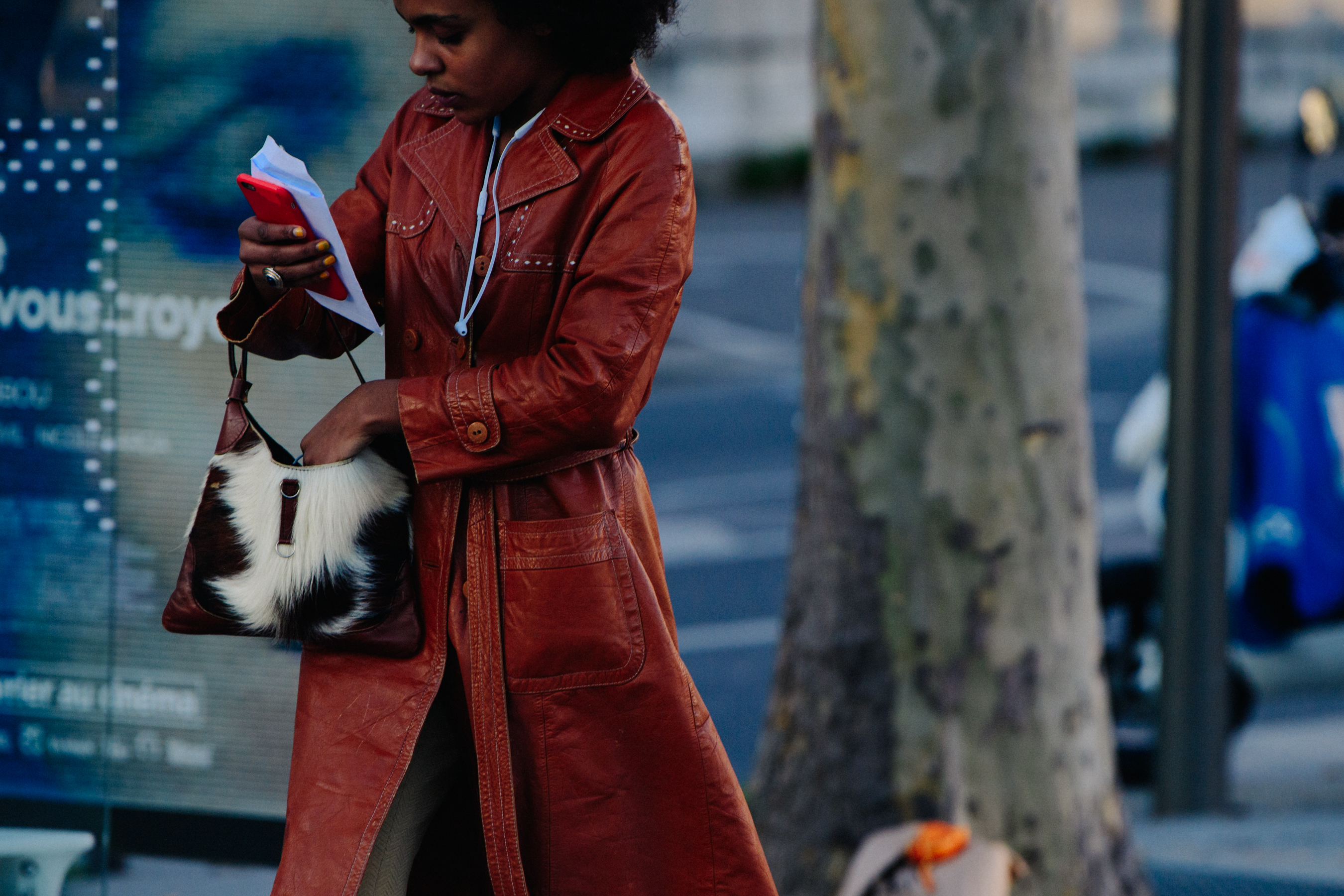 Woman wearing leather coat