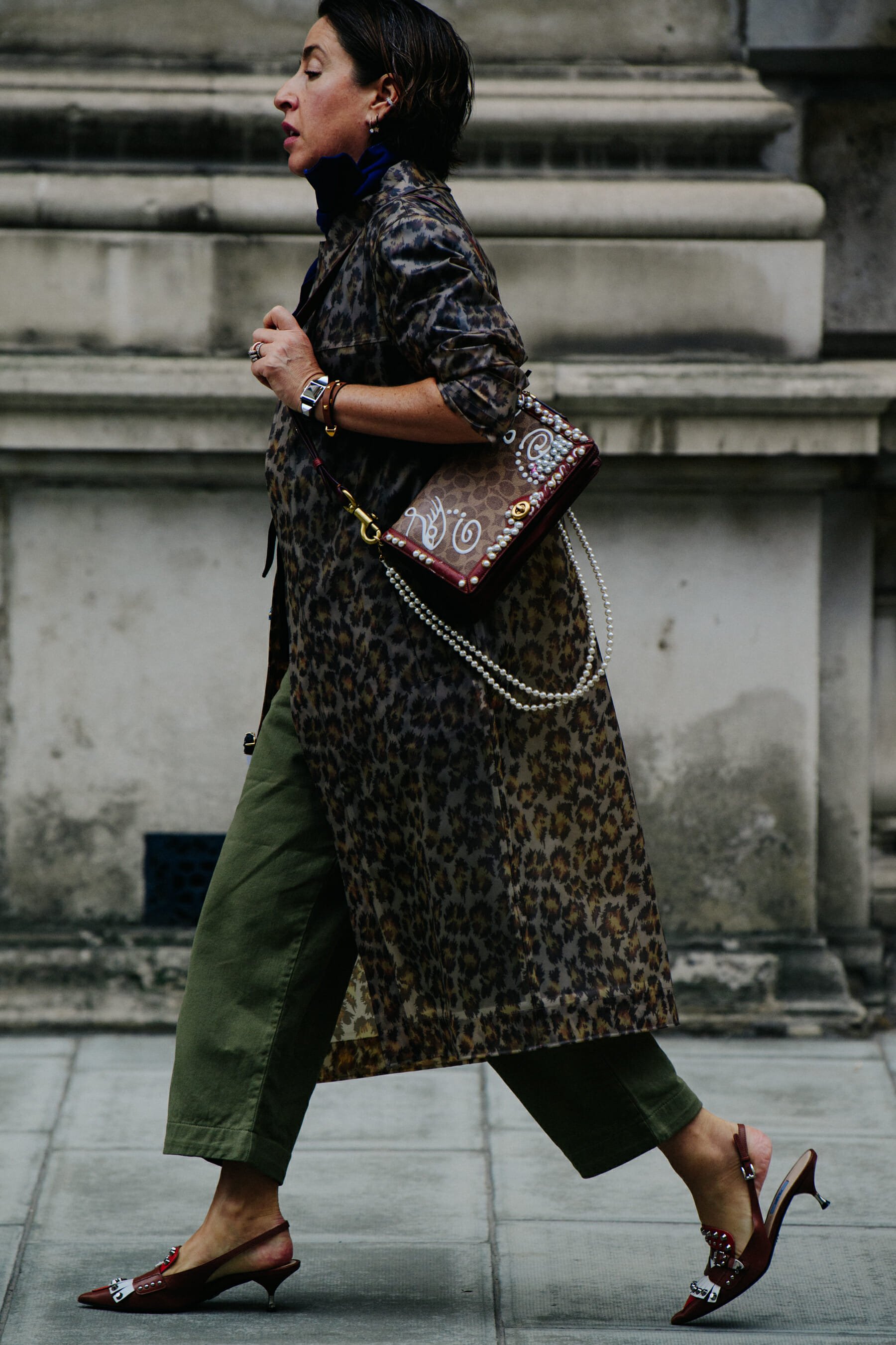 Woman wearing animal print coat