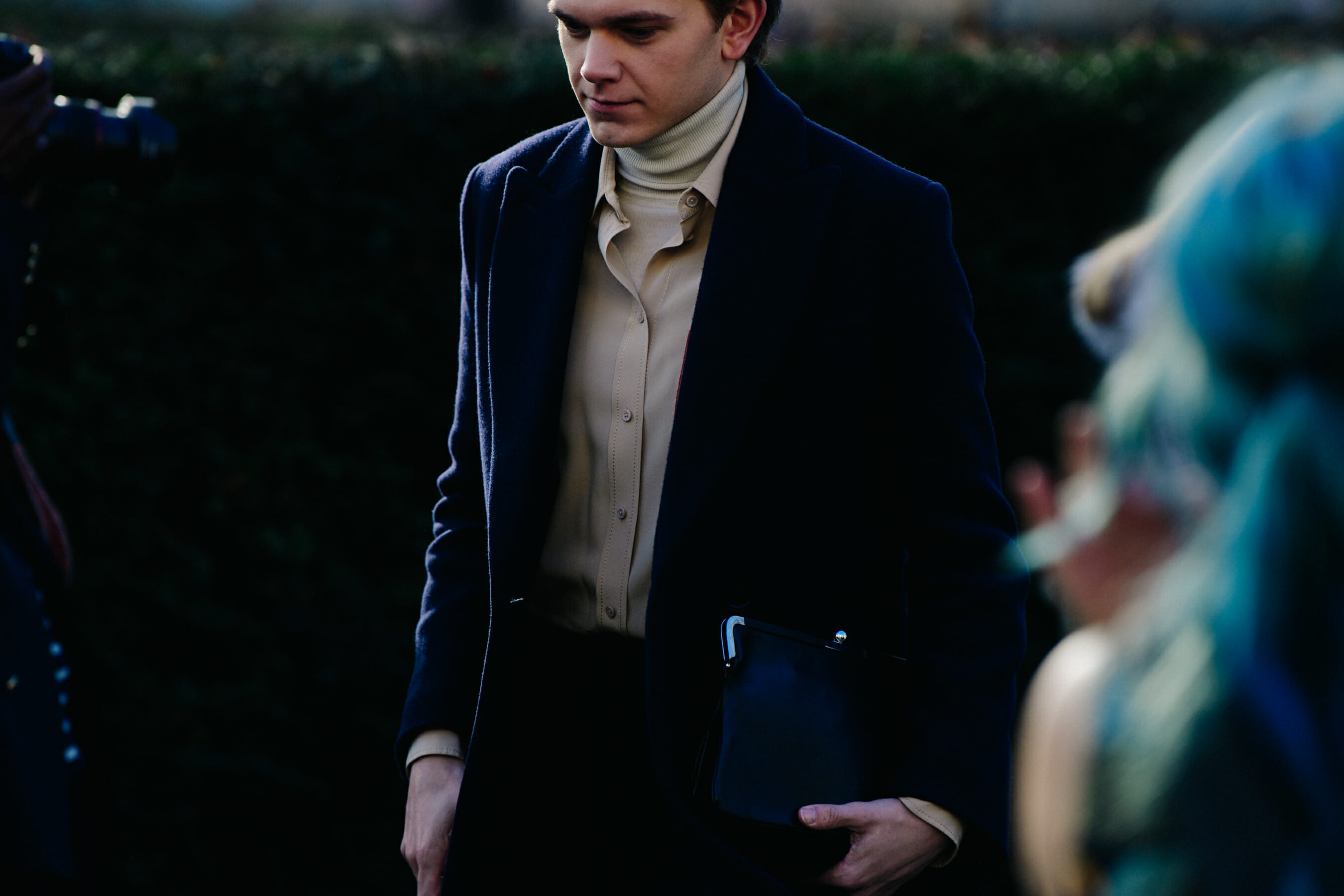 Man wearing blue wool coat