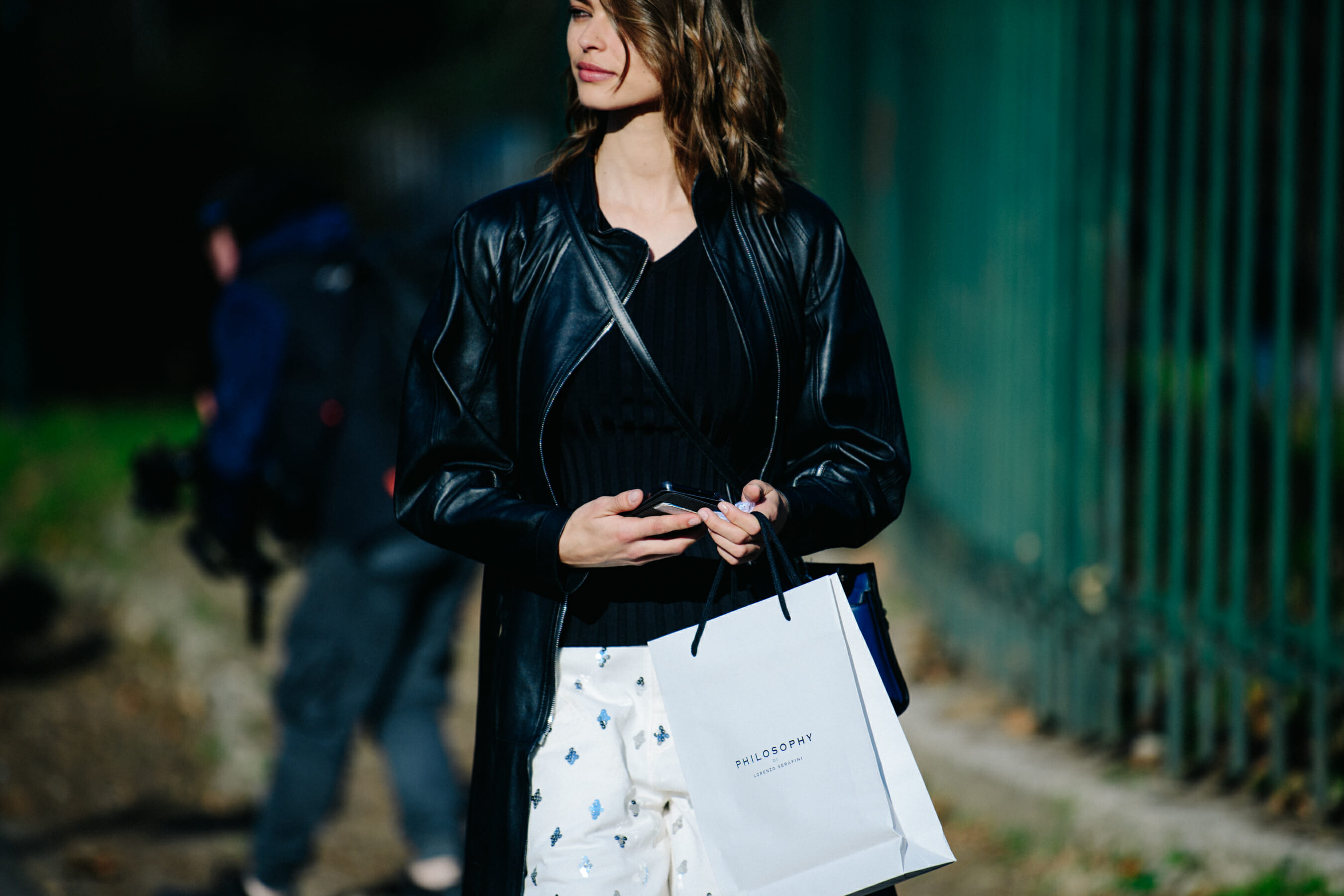 Model wearing leather jacket
