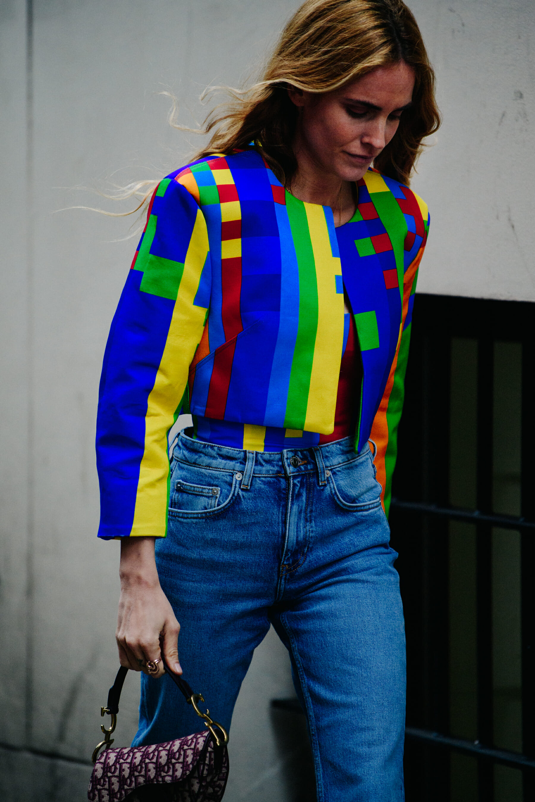 Woman wearing colourful jacket