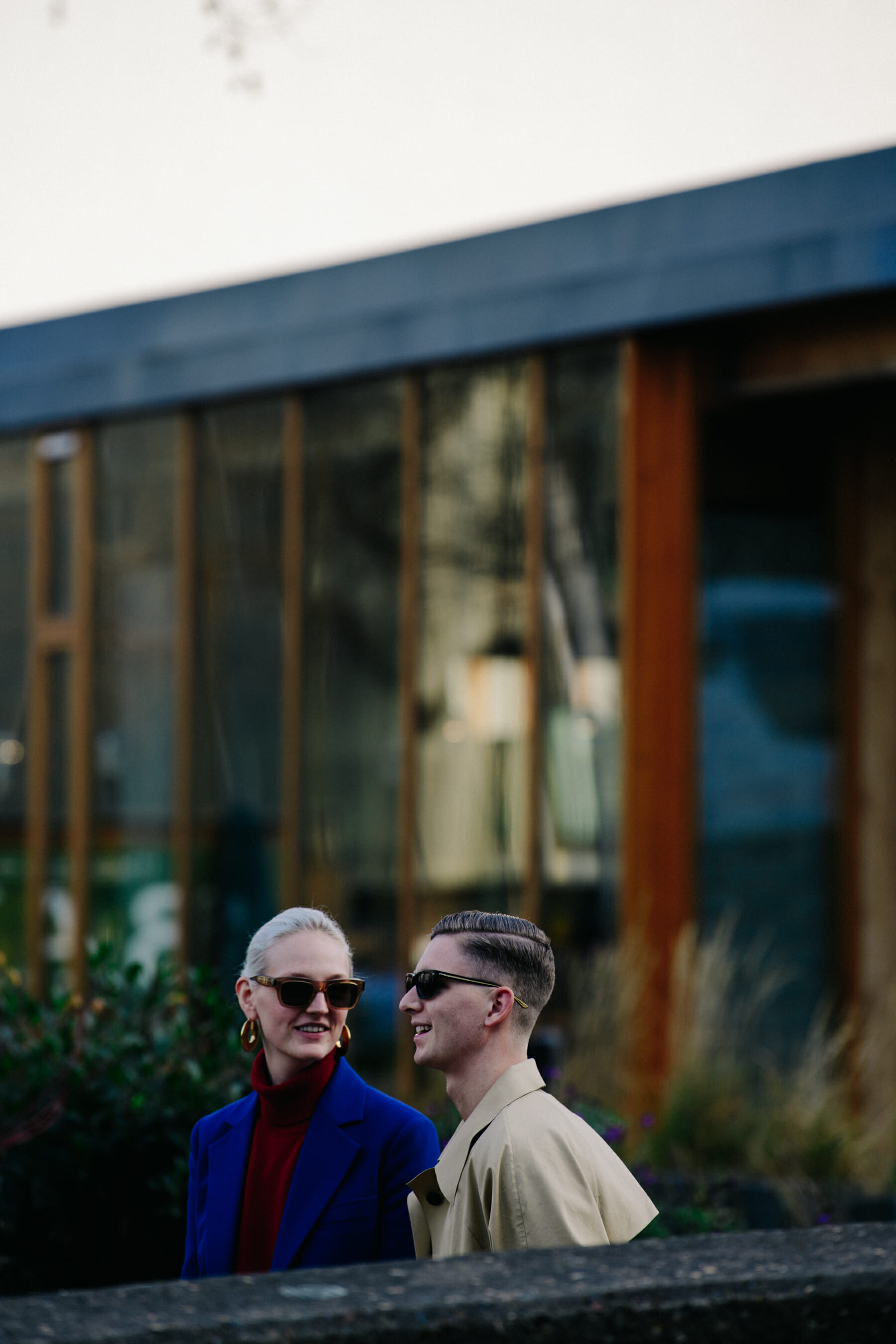 Couple wearing blue and tan