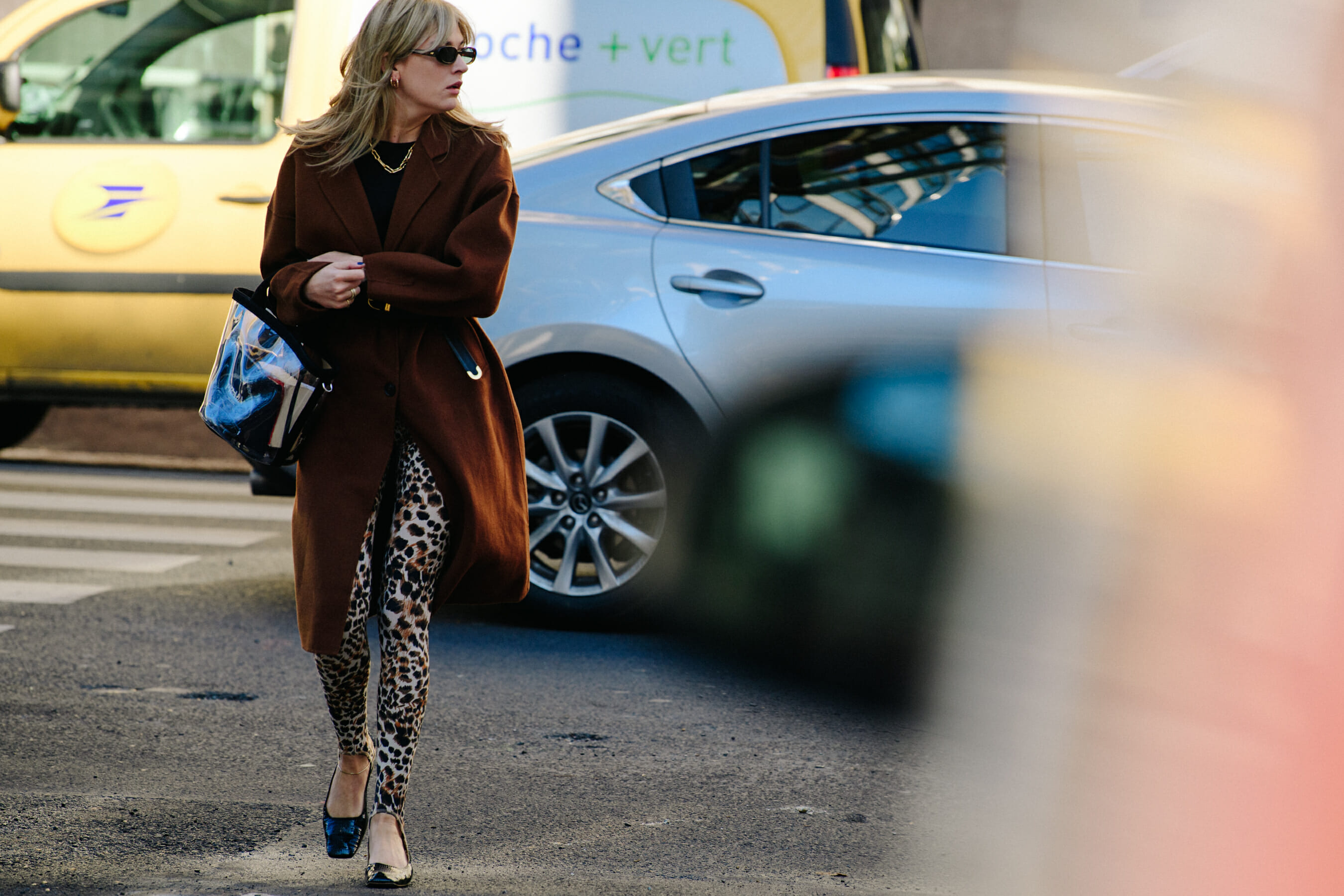 Woman wearing animal print leggings