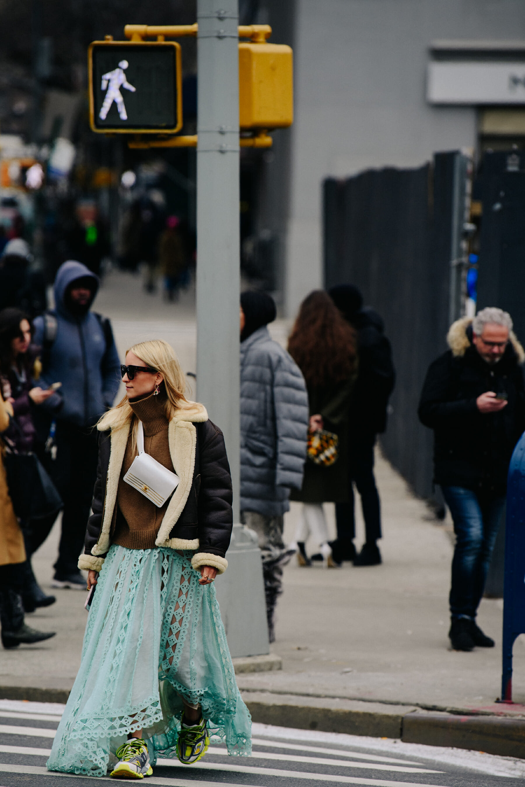 Woman wearing blue skirt