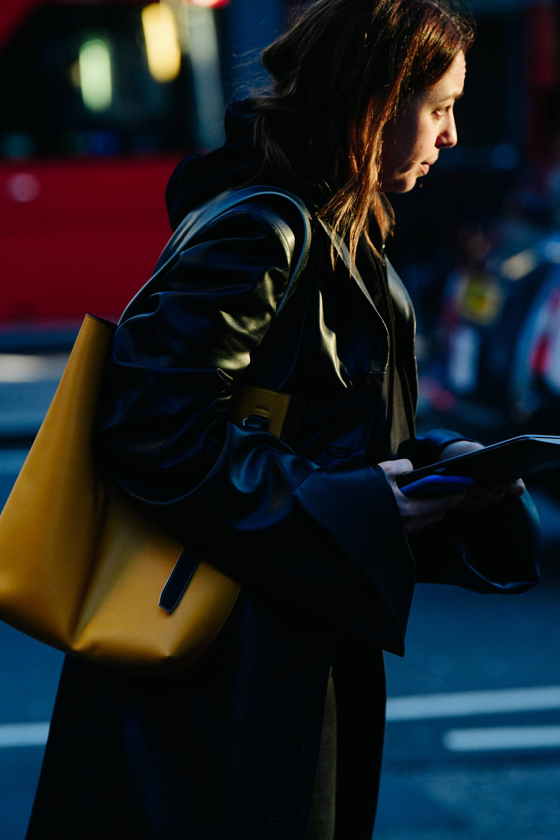 Woman wearing black leather jacket