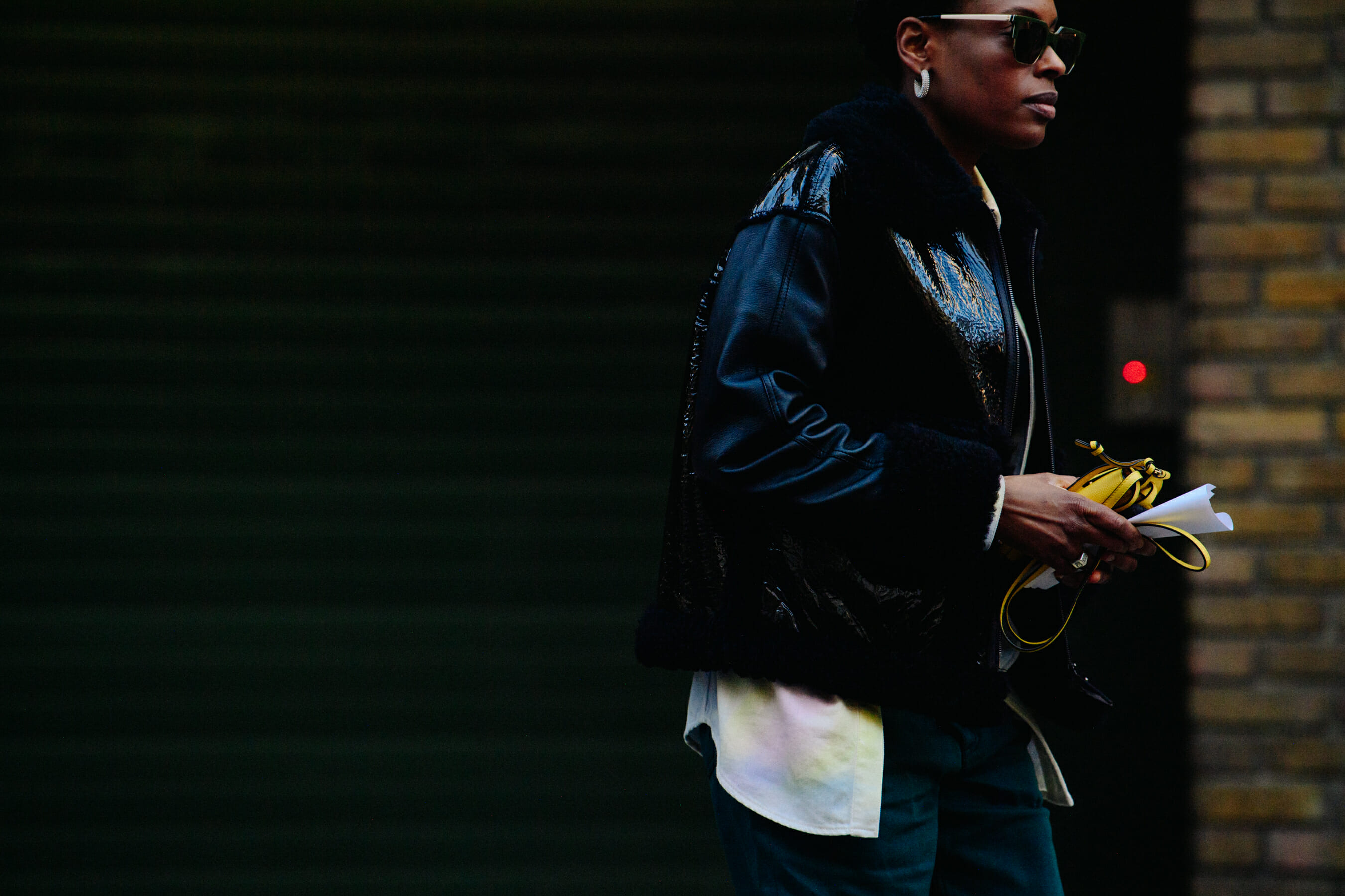 Woman wearing black leather jacket