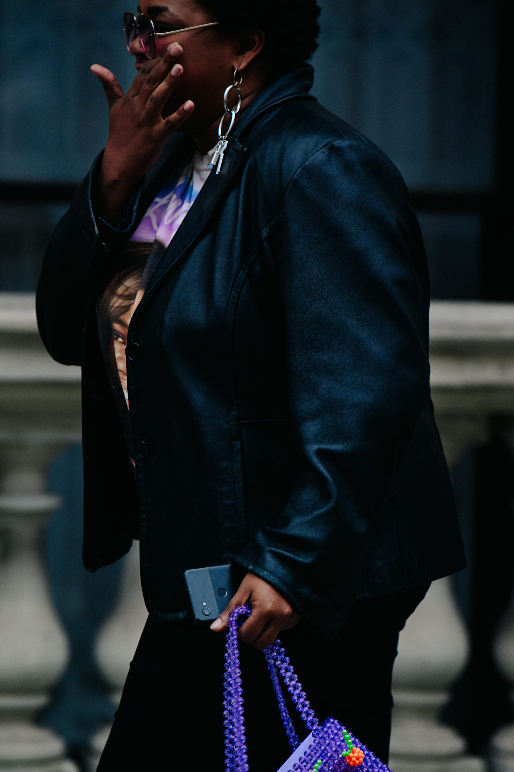 Woman wearing leather jacket