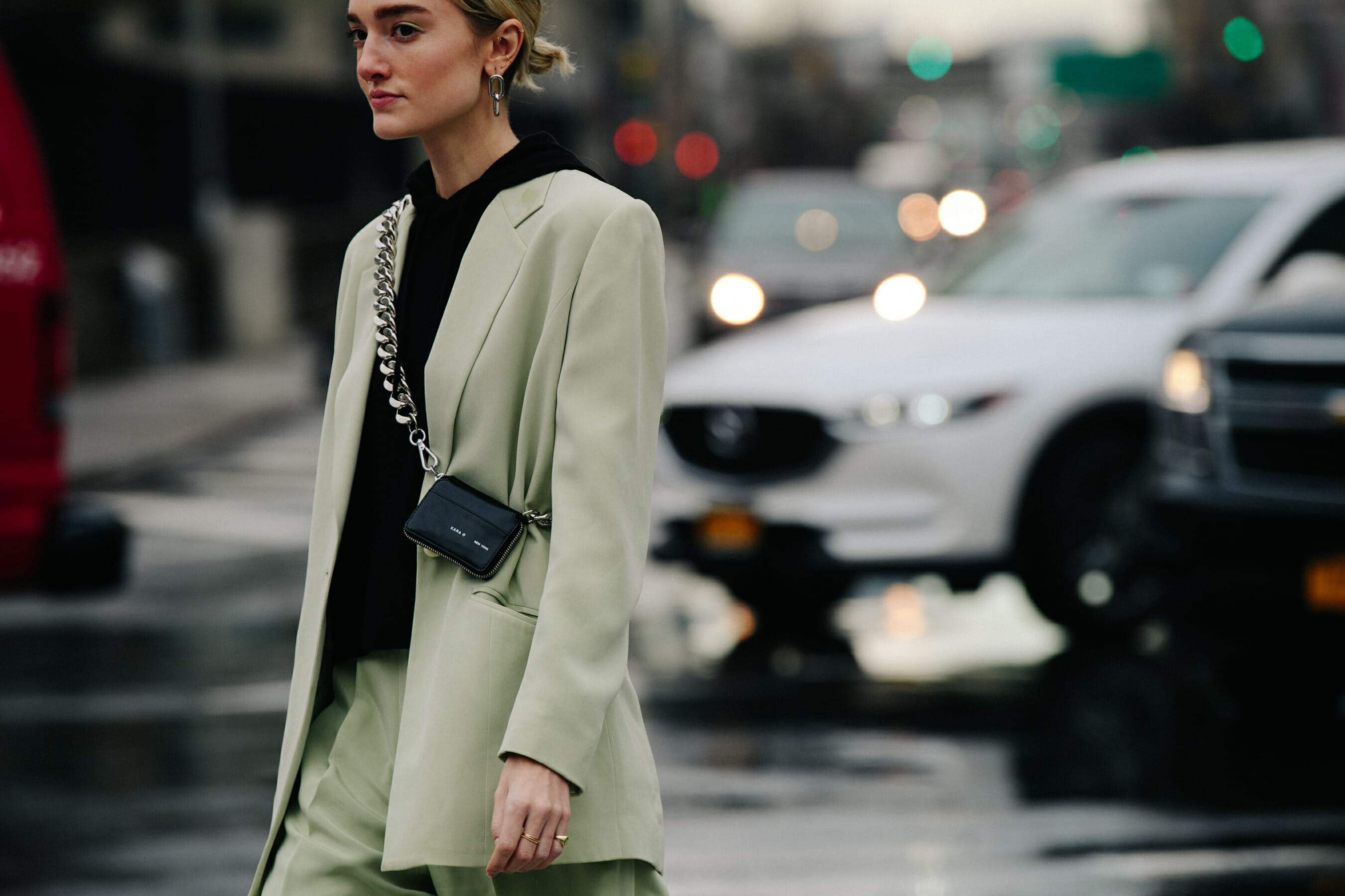 Woman wearing pale green jacket