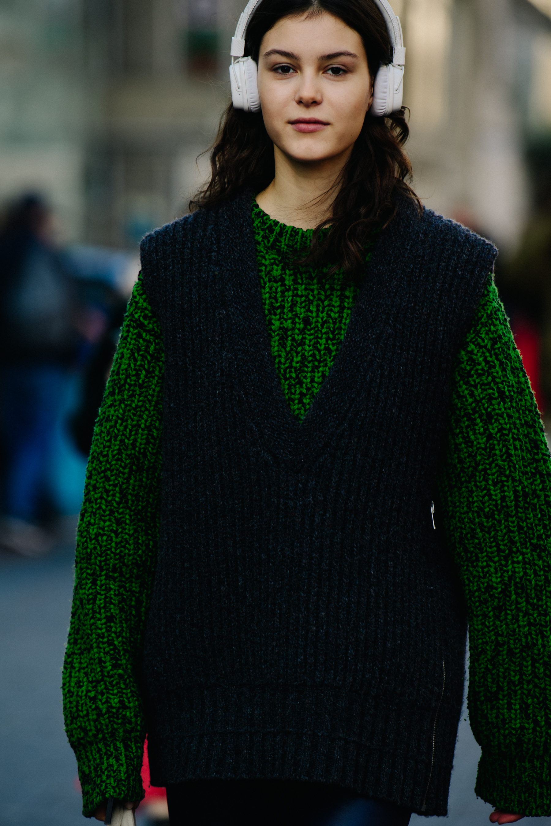 Model wearing green wool jumper