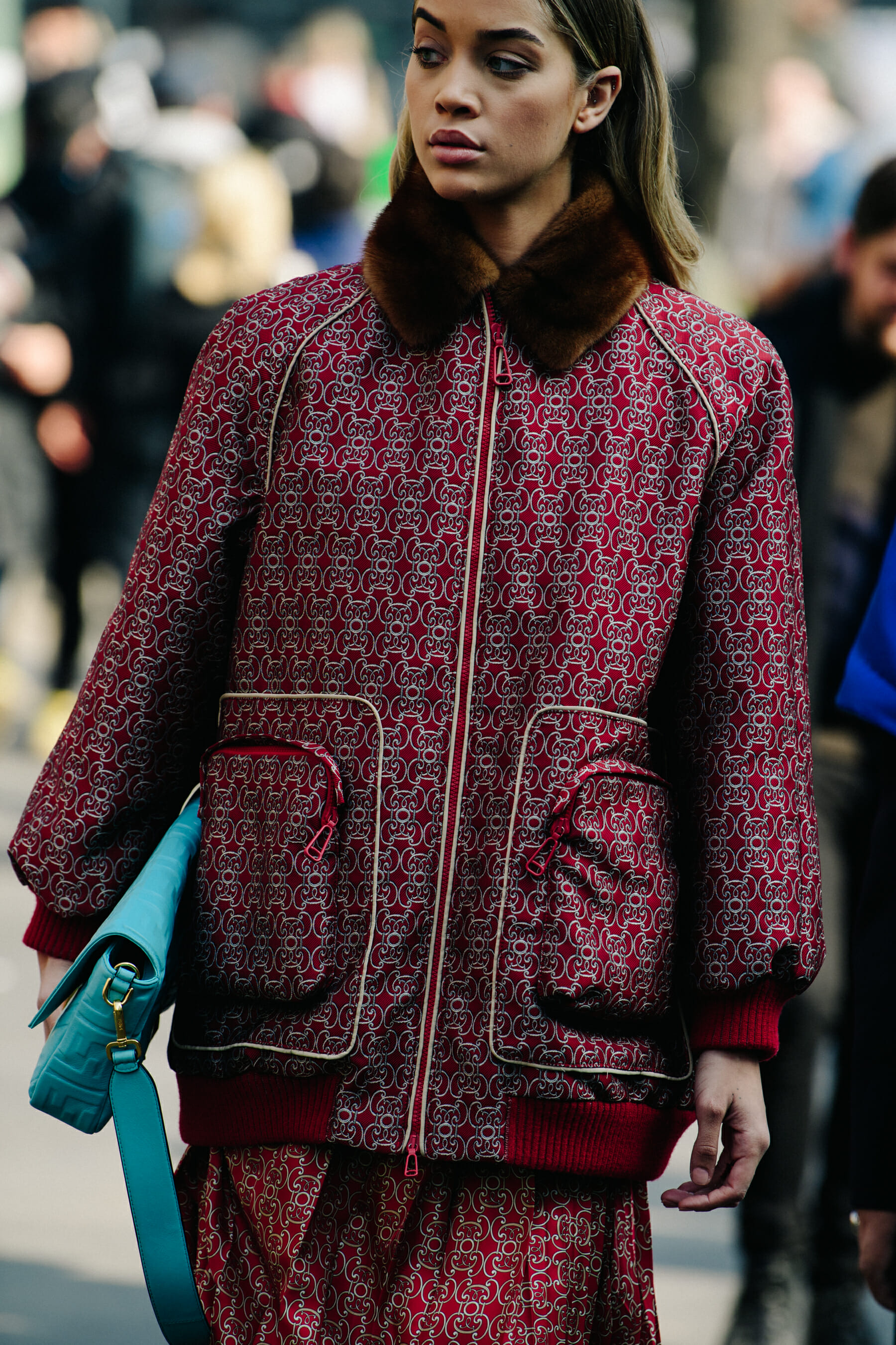 Model wearing pattern jacket