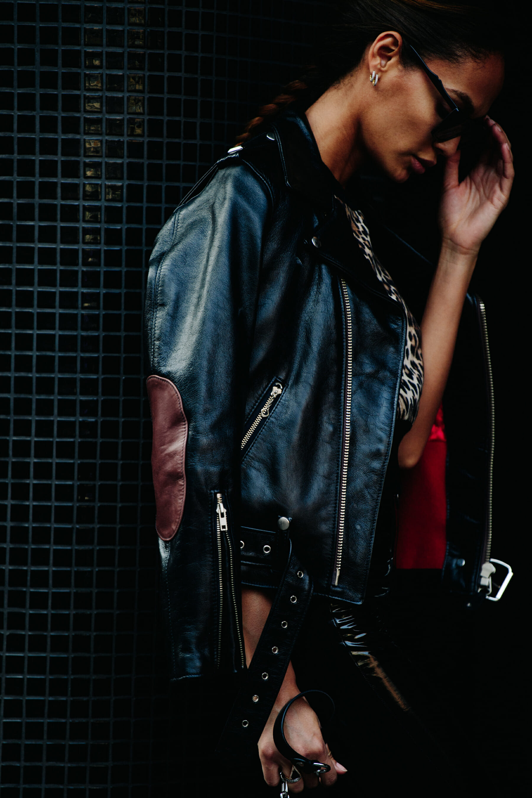 Supermodel wearing leather jacket