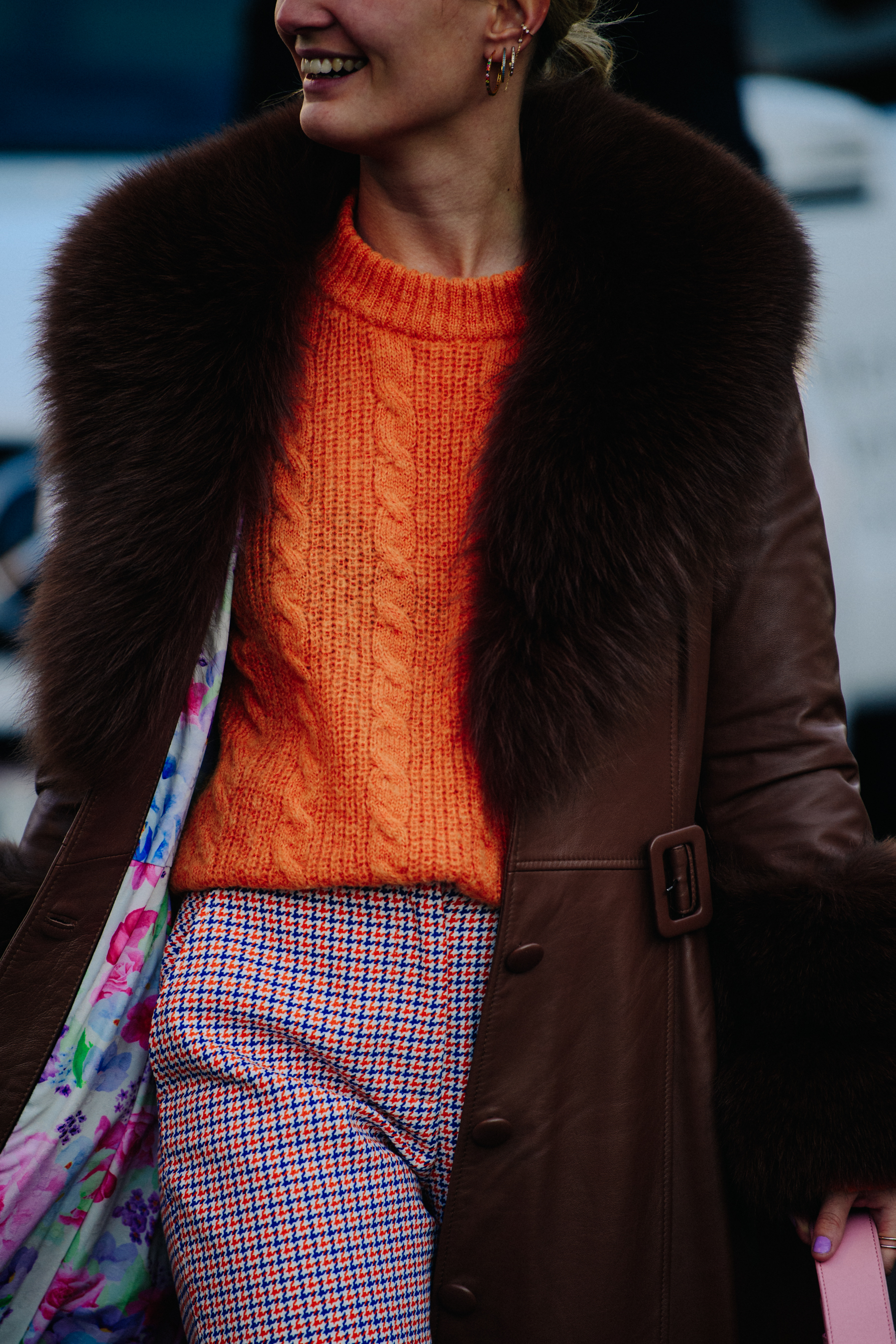 Woman wearing fur trim coat