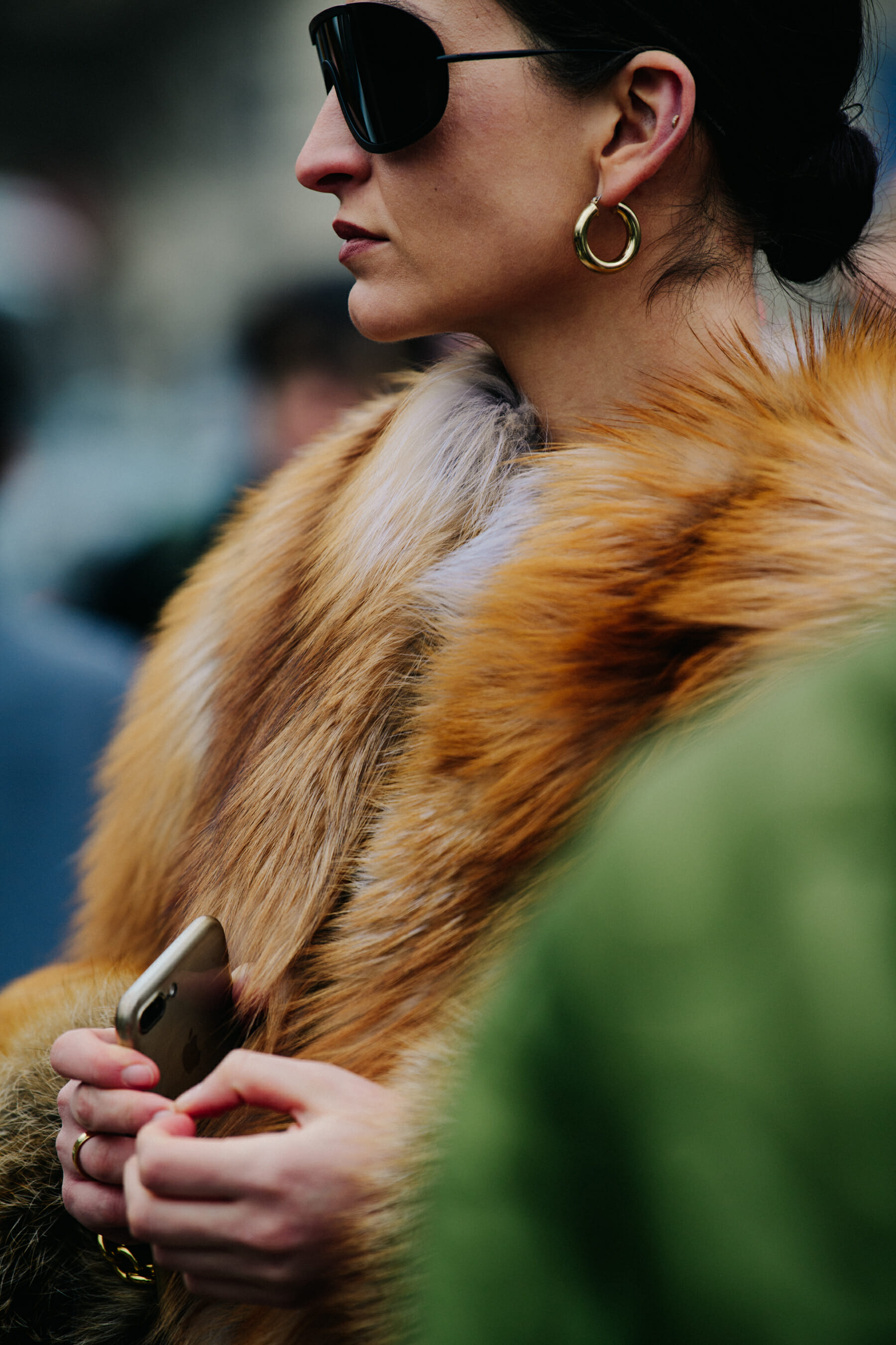 Woman wearing fur jacket